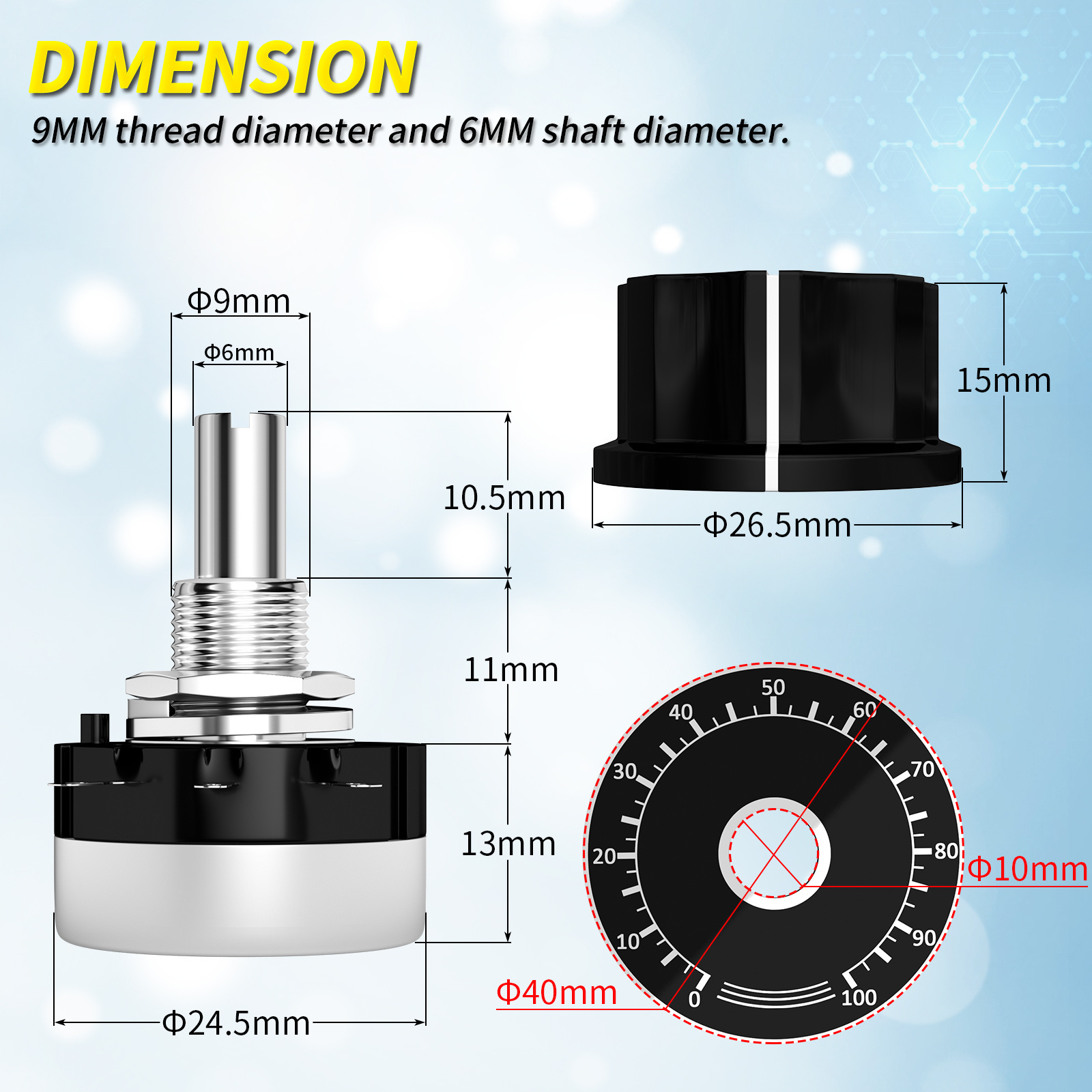 B10K Potentiometer Single Carbon Film Rotary 10K Ohm Potentiometers with A03 Knob & Dial for Inverter Speed Regulation Control