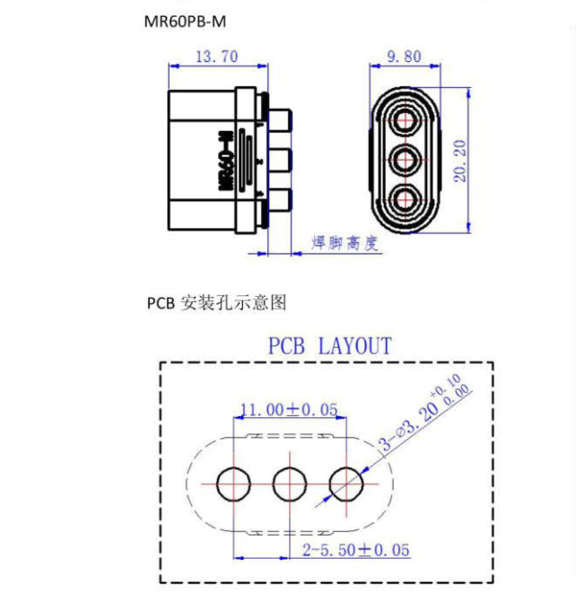 MR60PB Male Female Miniature Power Connector Three Hole Golden Plug 20A 40A DC 500V Lipo Battery Amass MR60 Connector 3pin PCB