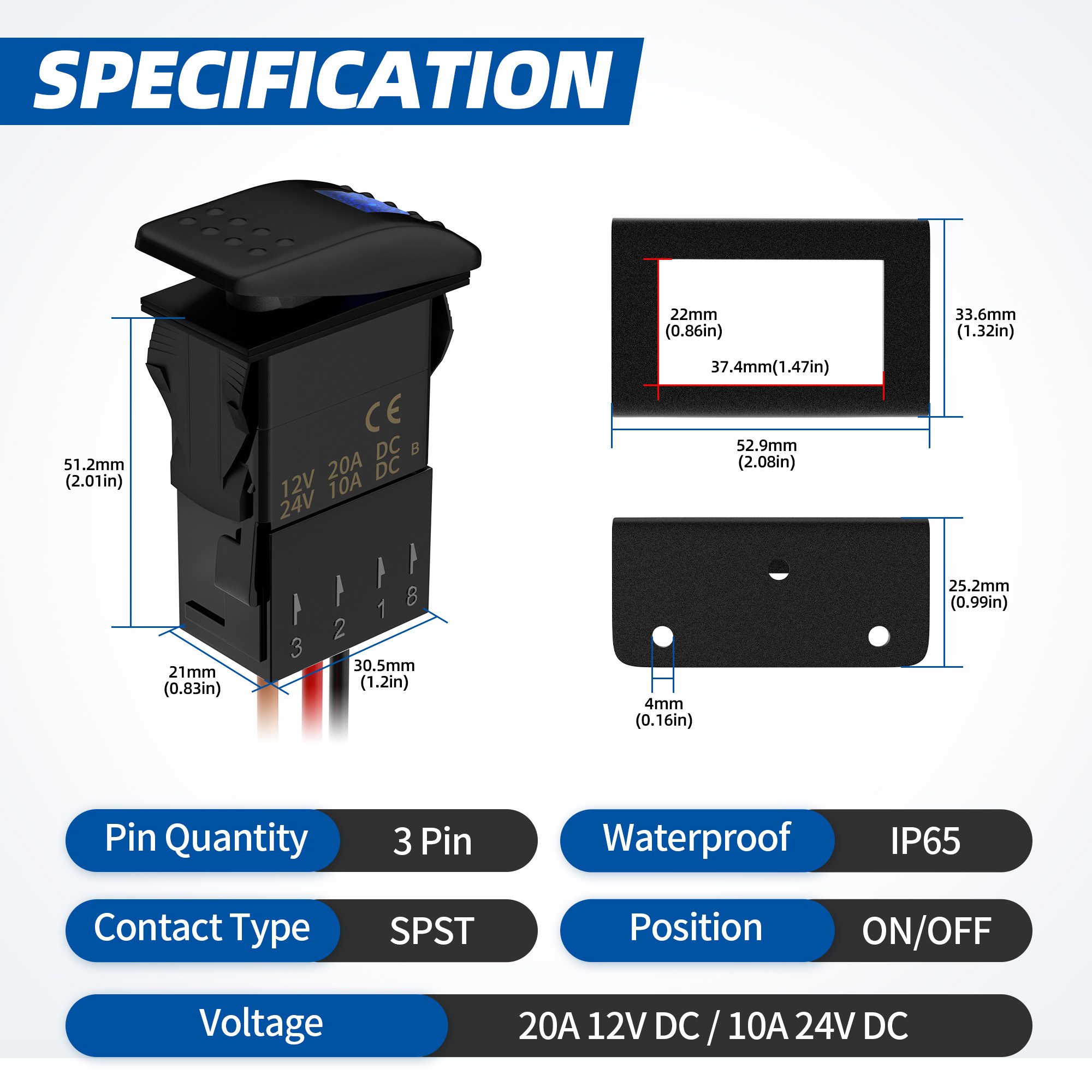 Automotive Carling DC 12v Waterproof rocker switches SPST ON-OFF Blue Lighted Marine Switch With Bracket Cable Socket