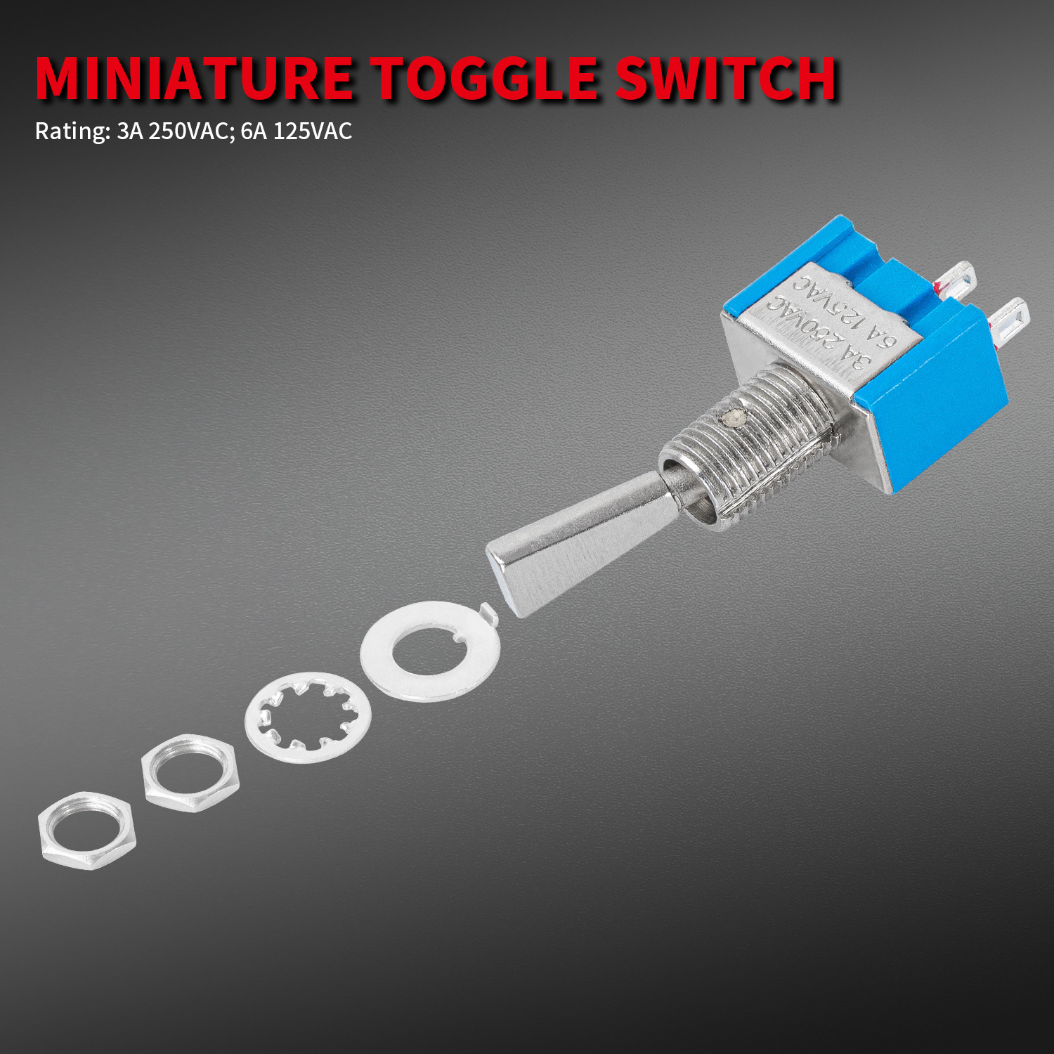 Mini Toggle Switch SPST Miniature Small Toggle Switch ON/Off 2 Position 2 Pin 6A 125VAC 3A 250VAC Metal Flat Handle