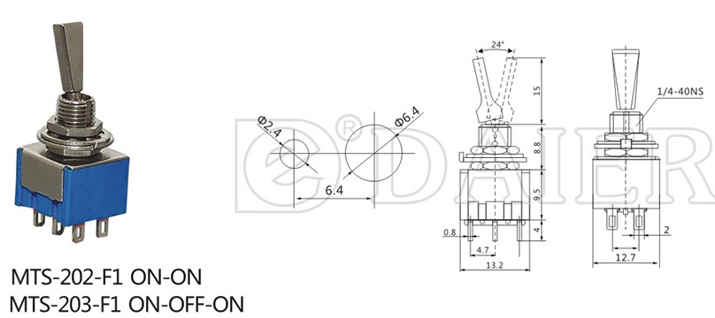 MTS-202-F1 Red Blue Base ON-ON Miniature Toggle Switch with 6 solder Terminals and Metal Flat Handle