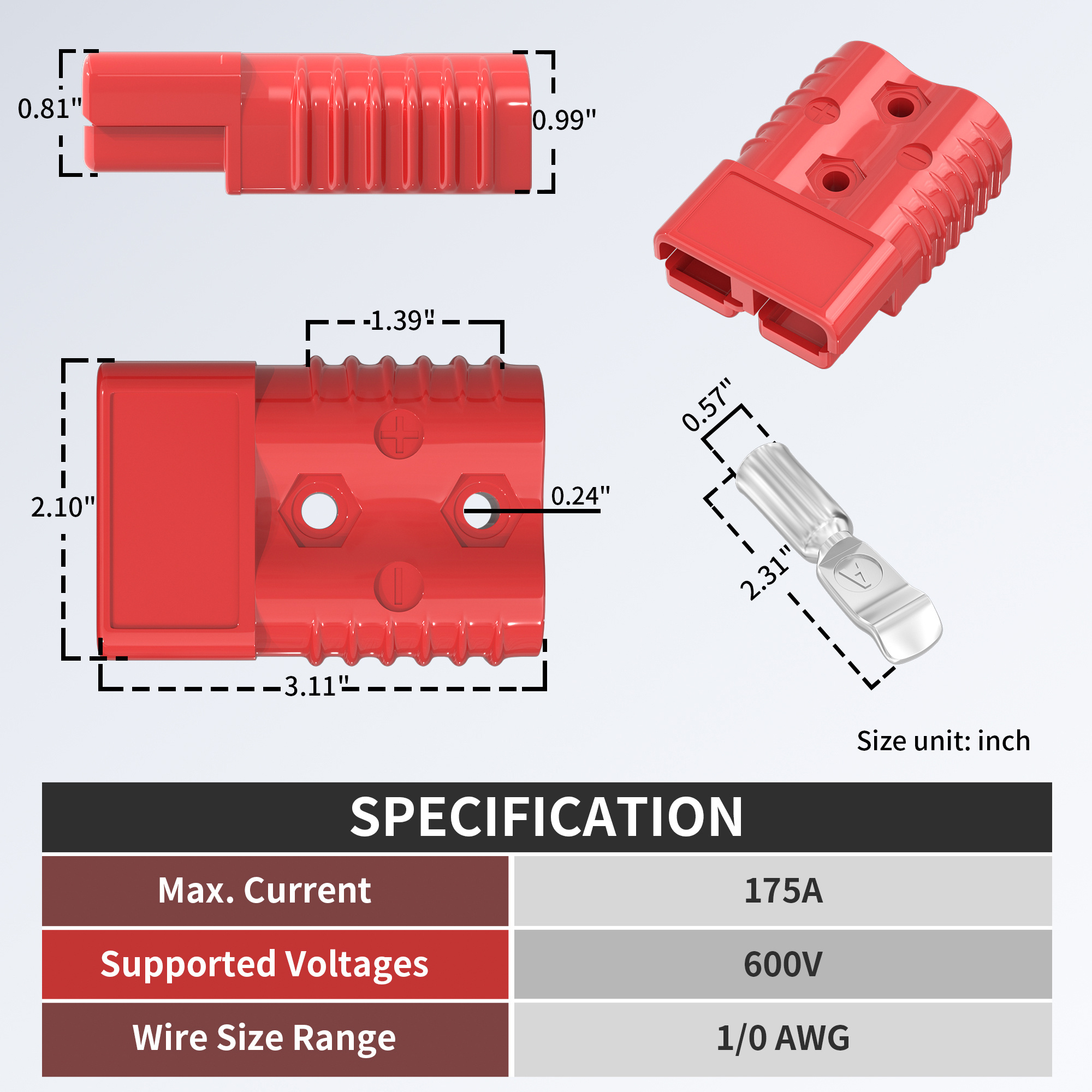 Battery Quick Disconnect Connector 175A Anderson Plug 12V Battery Quick Connect Cable Connector 1/0 AWG for Car Winch Forklift