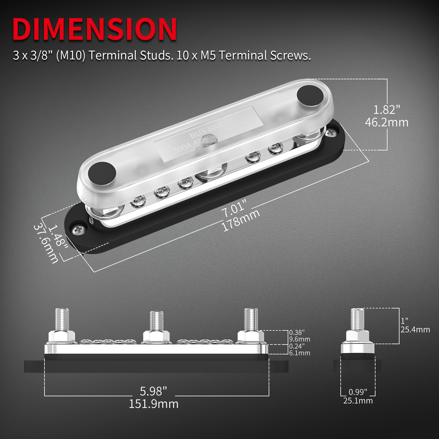 3XM10 Post 10XM5 300A Bus Bar Heavy Duty ScrewnTerminals Power Distribution Block Busbar With Cover