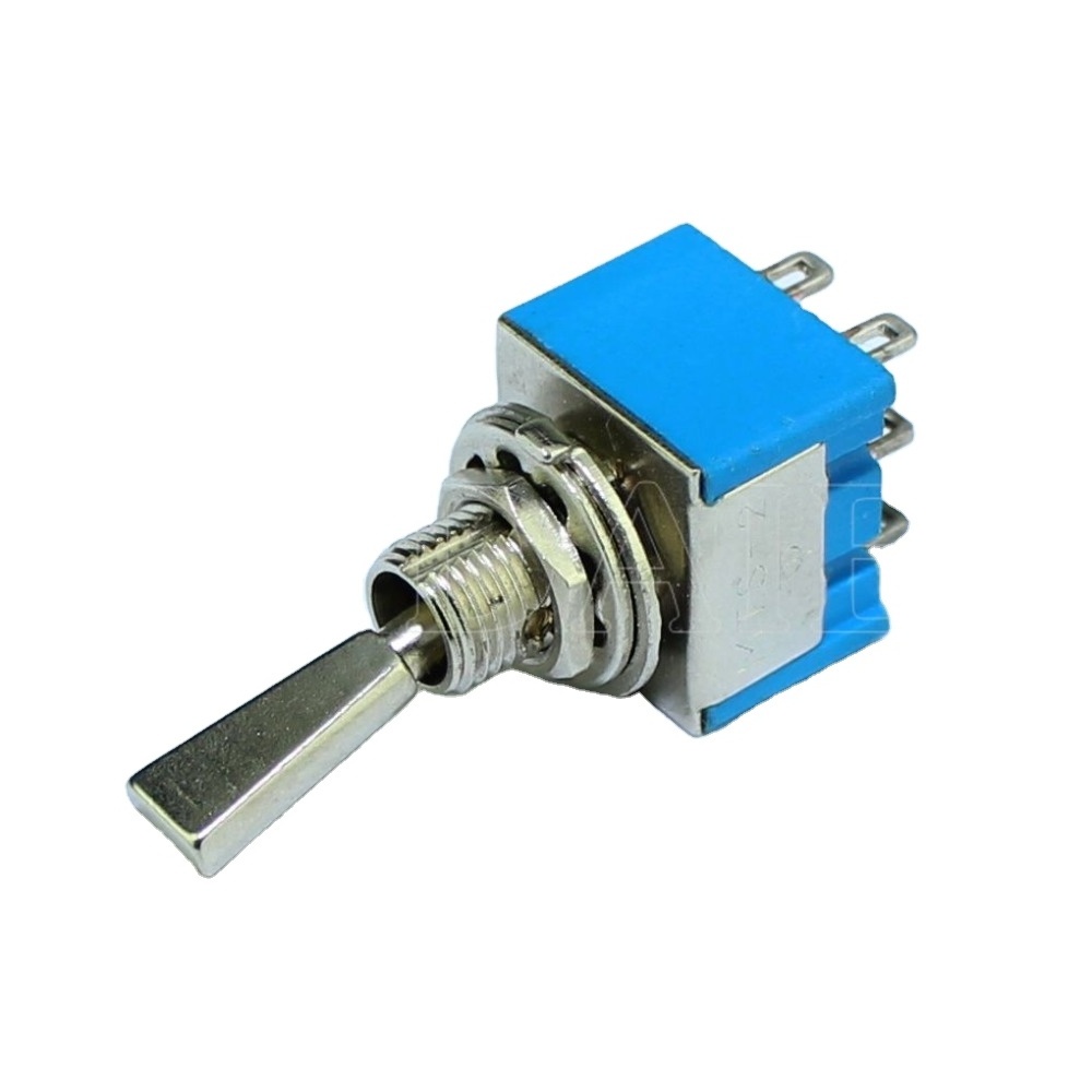 MTS-202-F1 Red Blue Base ON-ON Miniature Toggle Switch with 6 solder Terminals and Metal Flat Handle