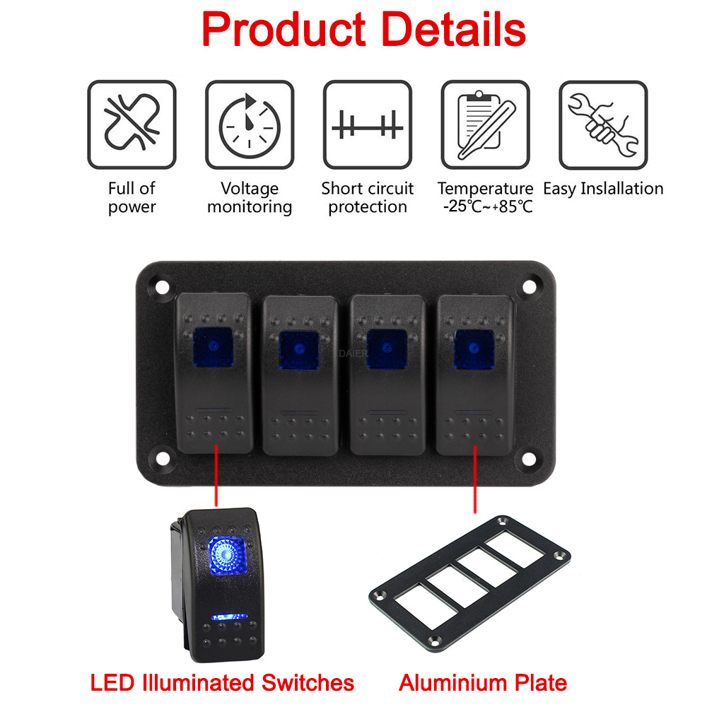 DaierTek 12V Blue LED Light Rocker Switch Panel Marine Boat ON/OFF Car Switch Panel with 4 SPST 20A Rocker Switches