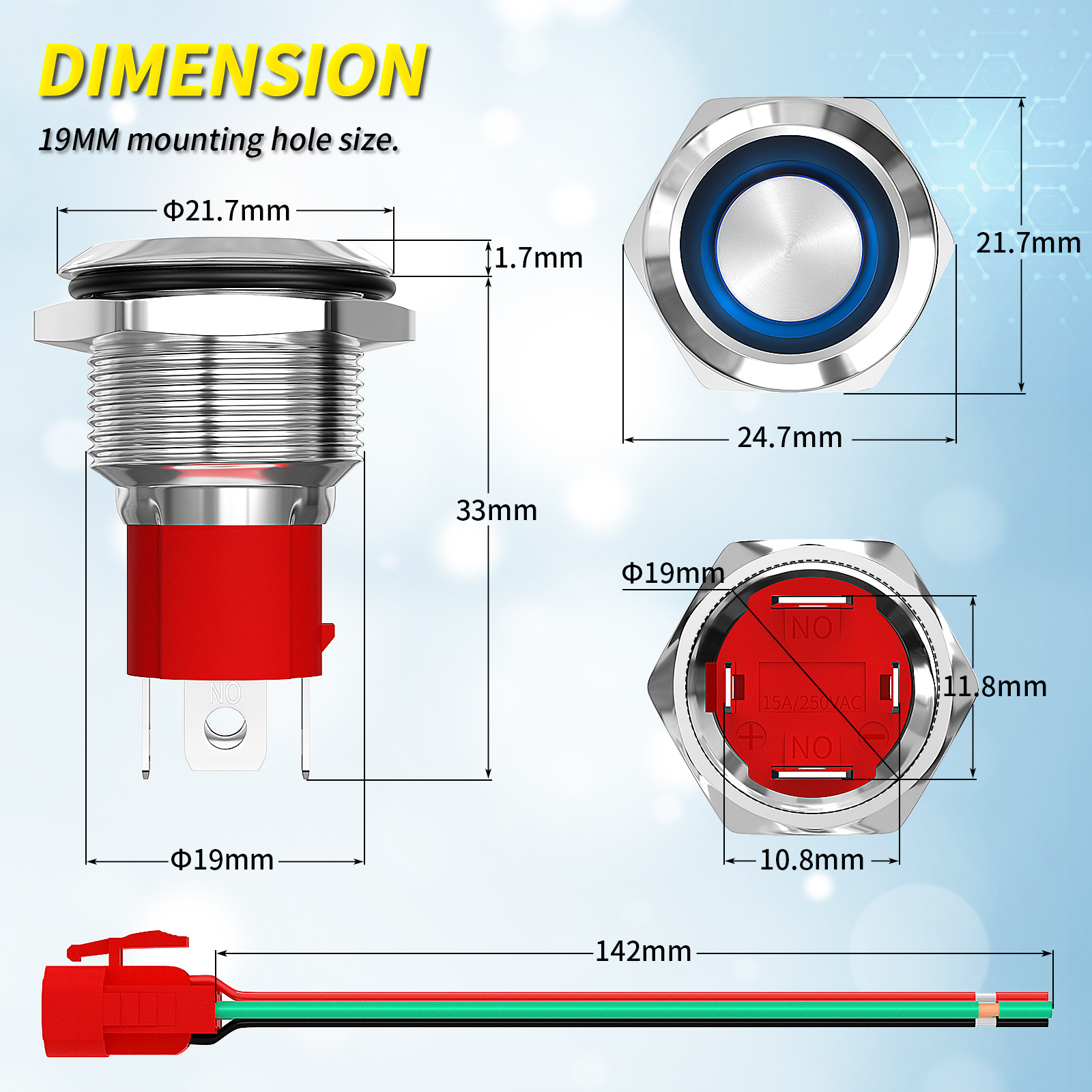 DaierTek 19mm Waterproof Metal LED Push Button Switch 4Pin Latching ON OFF for Light LED Push Button Switch for Car Marine