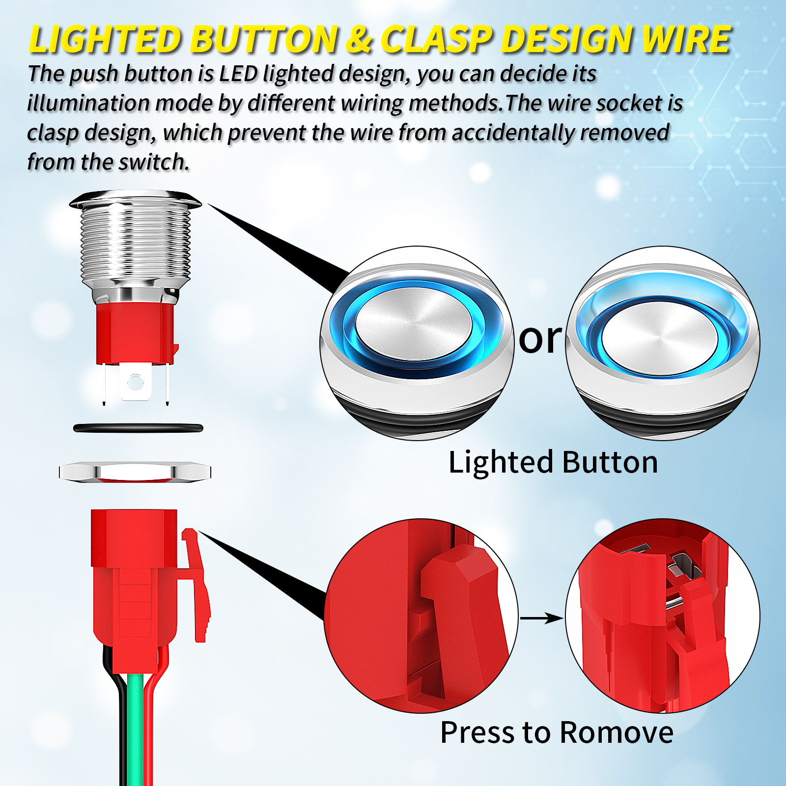 DaierTek 19mm Waterproof Metal LED Push Button Switch 4Pin Latching ON OFF for Light LED Push Button Switch for Car Marine