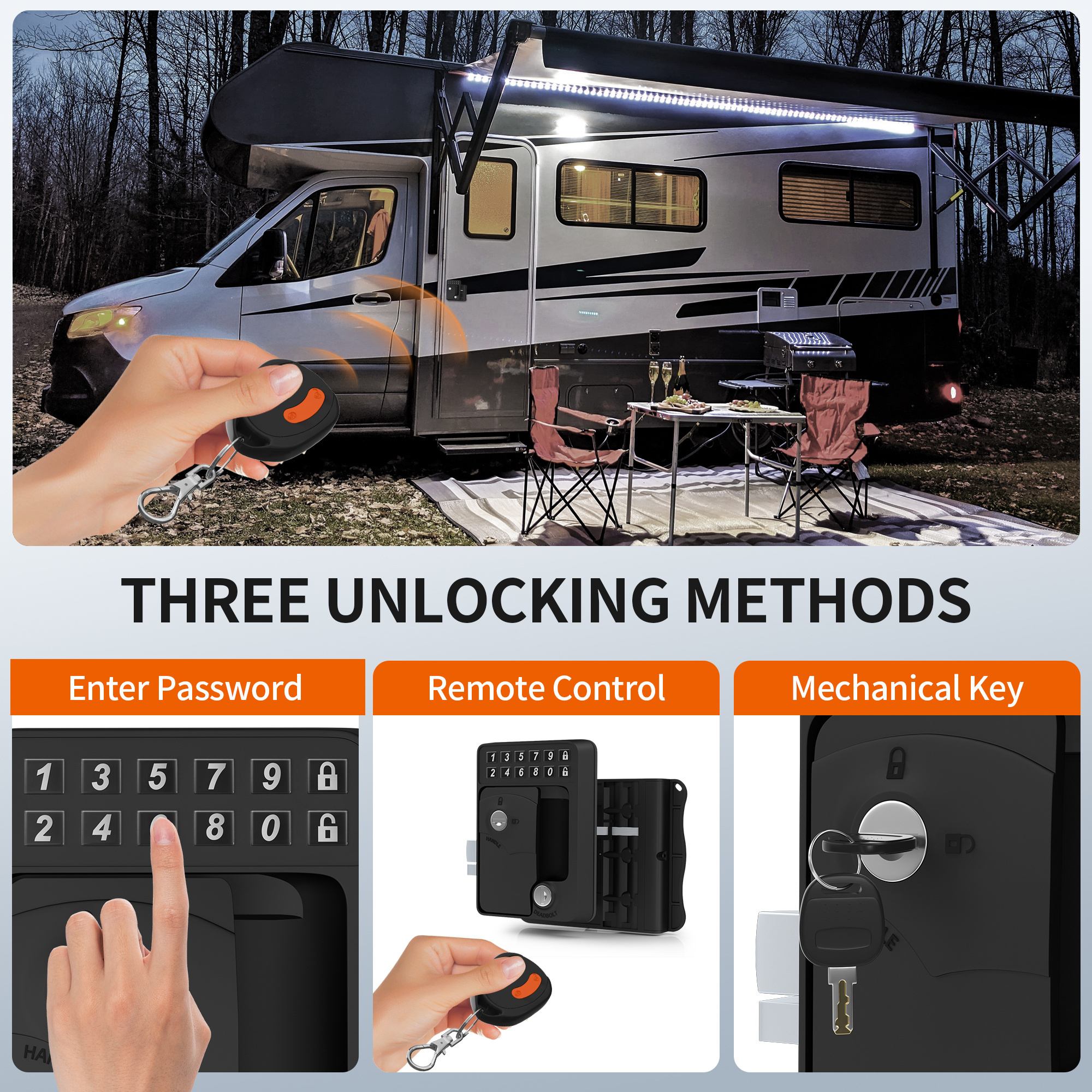 New Metal Keyless RV Lock Remote Control RV Door Lock Keyless Three Unlocking Methods Camper Door Lock for Travel Trailer