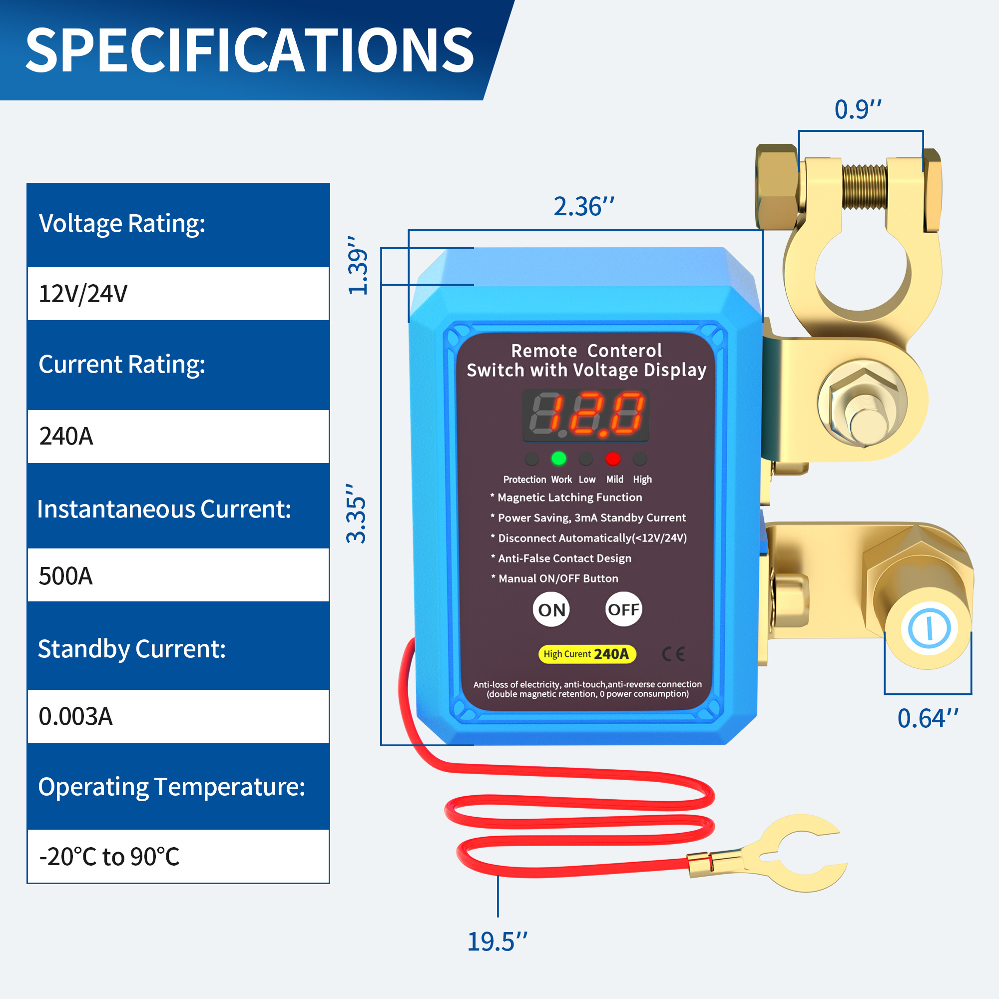 240A Remote Control Battery Disconnect Switch Isolator Led Voltage Battery Disconnect Cut Off Switch for Auto Car Truck Boat