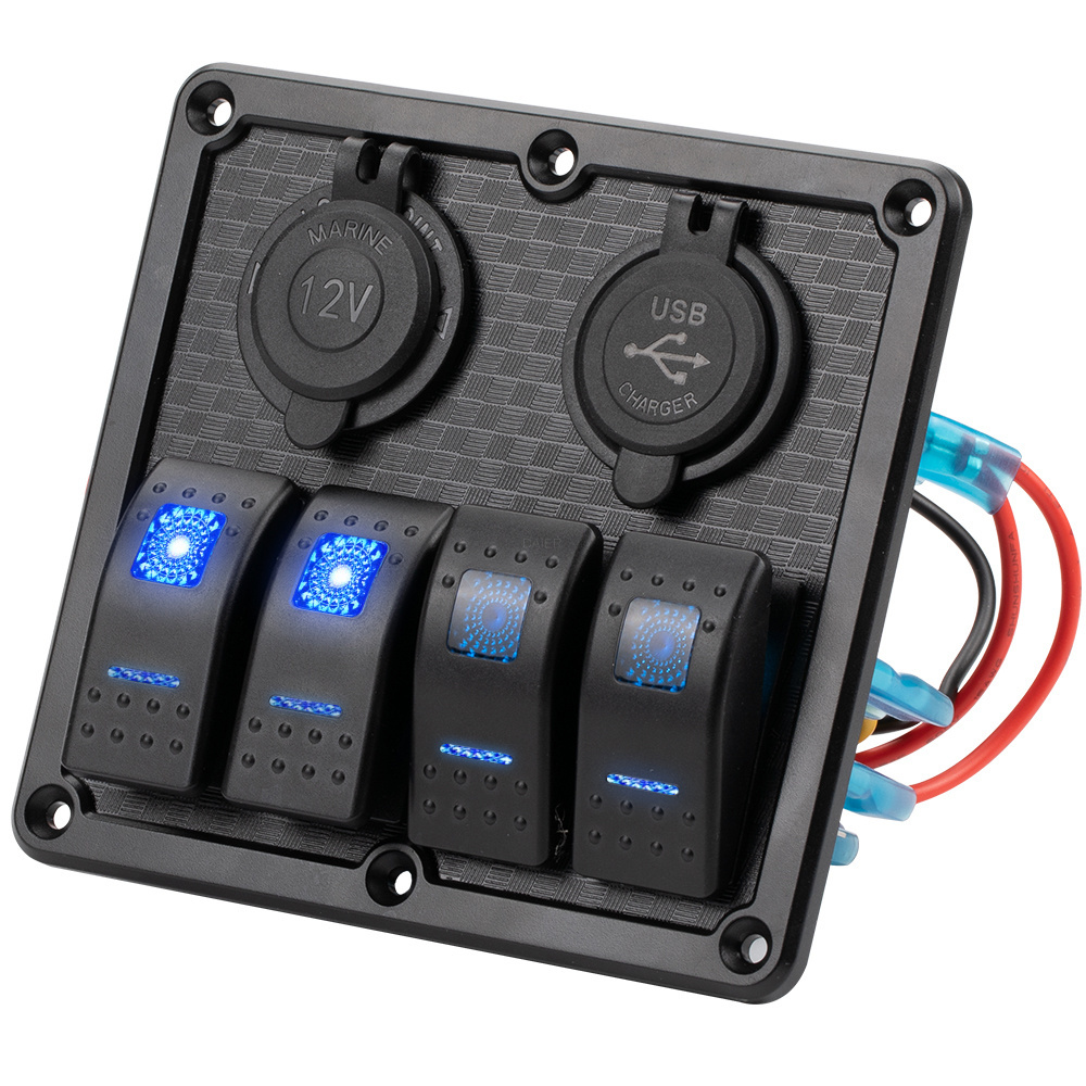 Waterproof 12V Auto Parts Marine Rocker Switch Dual USB 3.1A Outlet LED Voltmeter 4 Gang Rocker Switch Plastic Panel for Boat