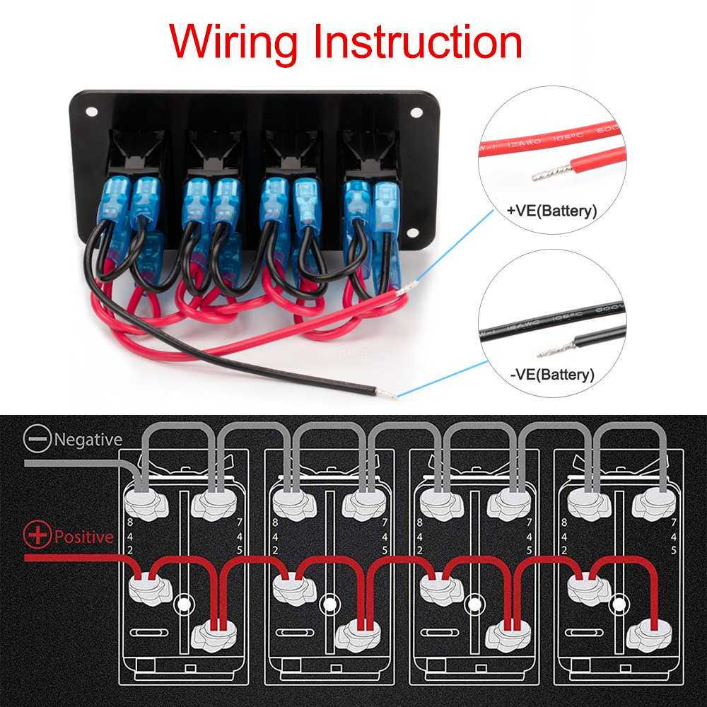 DaierTek 12V Blue LED Light Rocker Switch Panel Marine Boat ON/OFF Car Switch Panel with 4 SPST 20A Rocker Switches