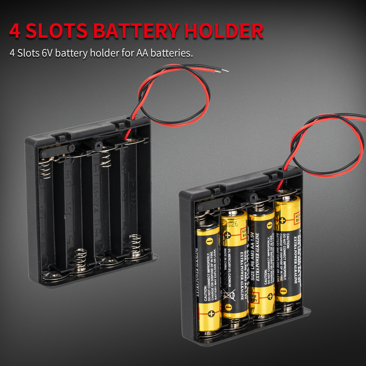 AA Battery Case Holder ABS Plastic Black Housing 4AA Battery Holder With Cover and ON-OFF Switch Wire Leads for 4AA Battery