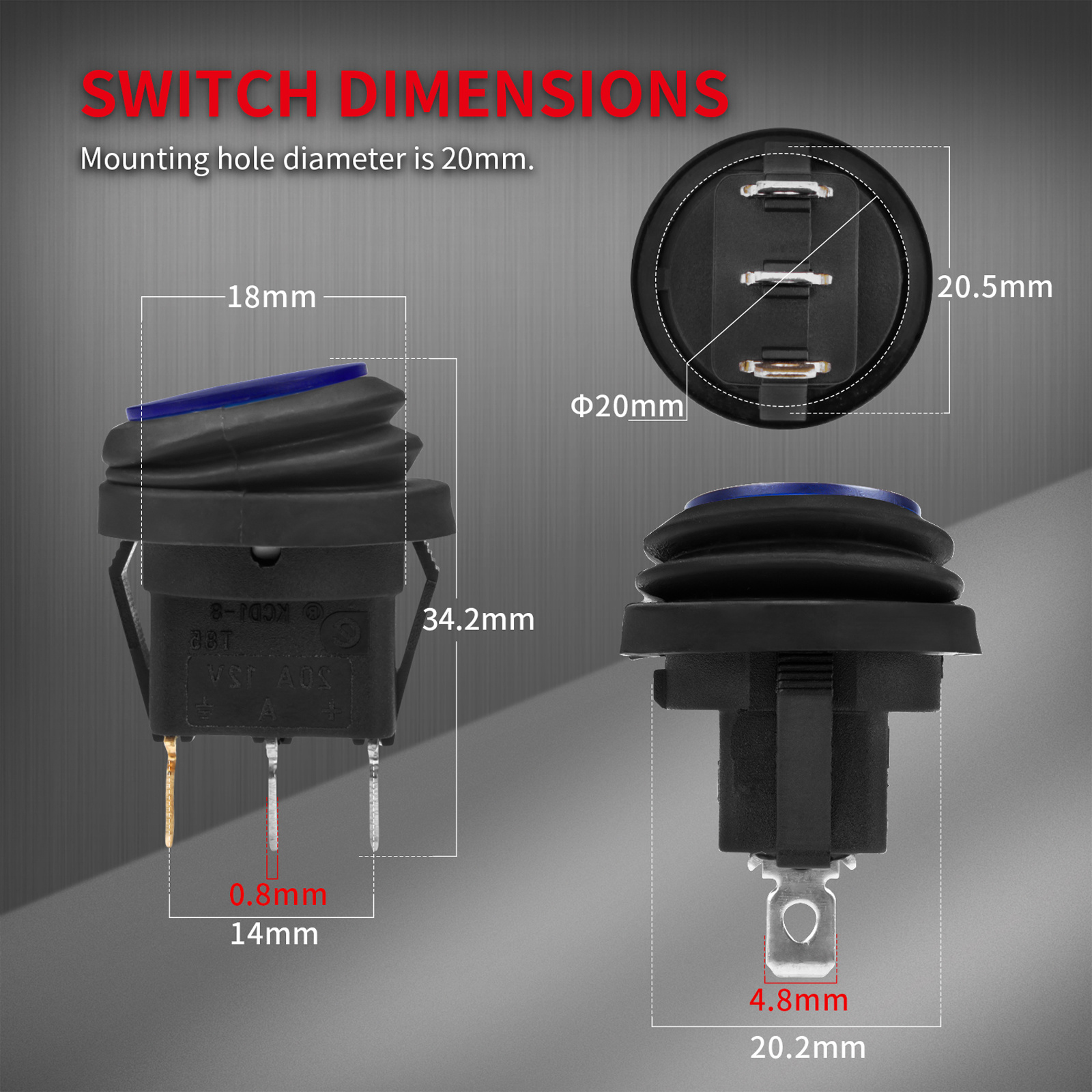 Bule/Green/Red Led KCD1 Round Rocker Switch  IP65 Waterproof 12V 3Pin SPST ON OFF Marine Boat Rocker Switch With  20mm Diameter