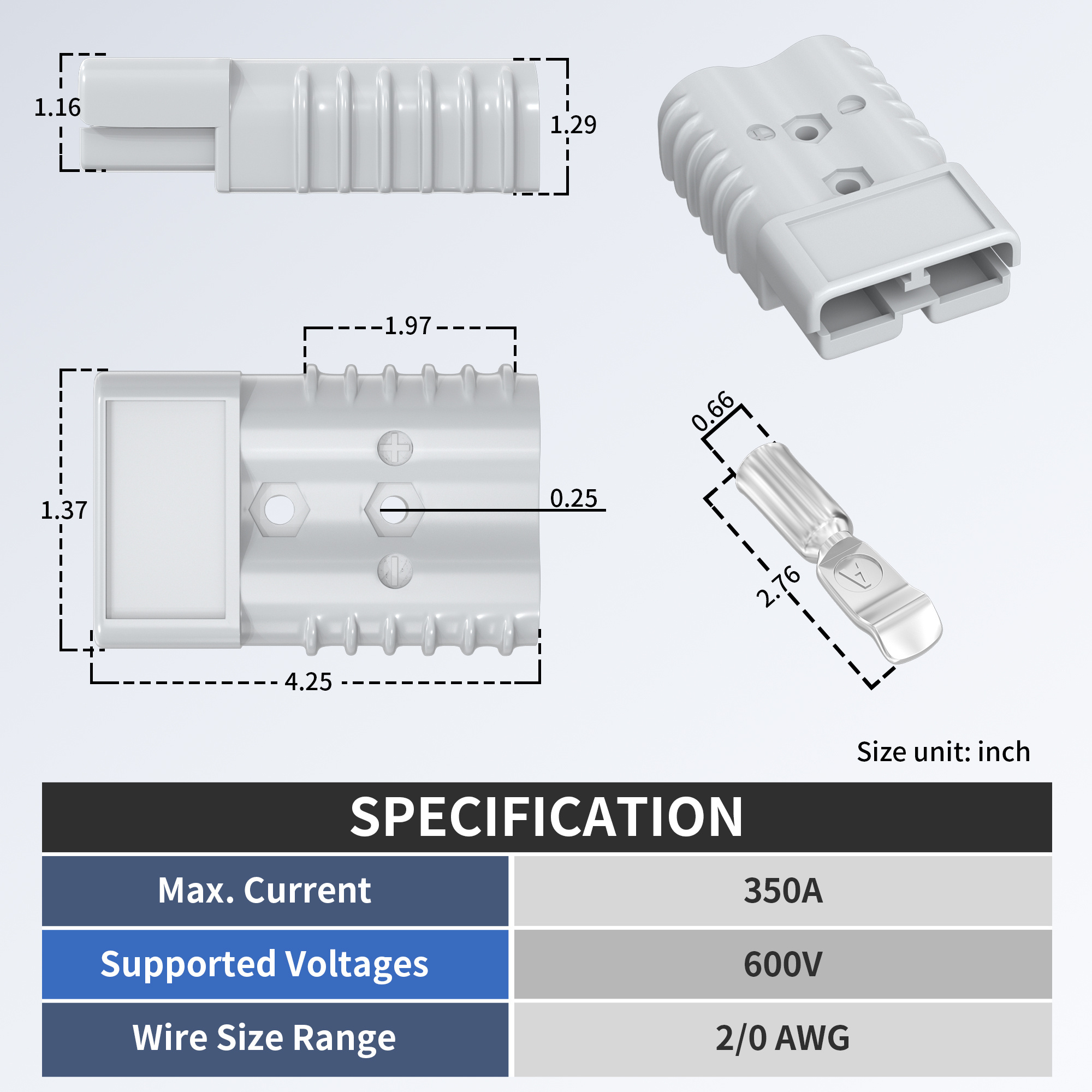 AP-350 600V 350A Battery Charging Connector Power Plug 2/0 AWG Anderson Plug For Winch Auto Car 2PCS With 2 Copper Contacts