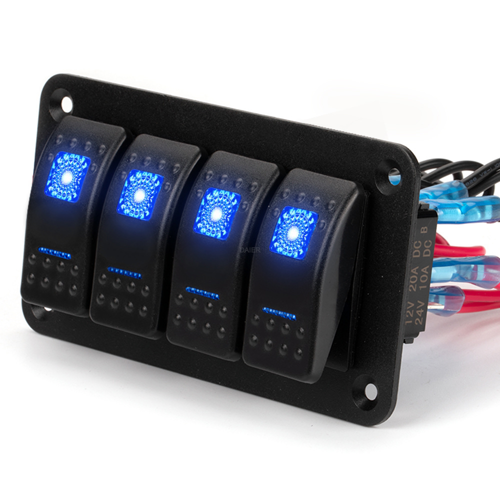 DaierTek 12V Blue LED Light Rocker Switch Panel Marine Boat ON/OFF Car Switch Panel with 4 SPST 20A Rocker Switches