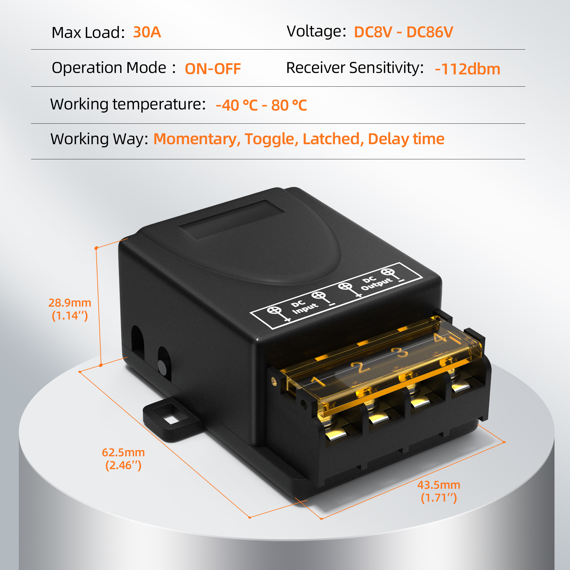 DC 8V/12V/24V/48V/72V/86V 30A Relay Receiver RF Wireless Switch 328ft Long Range Wireless Remote Control Switch for Water Pump