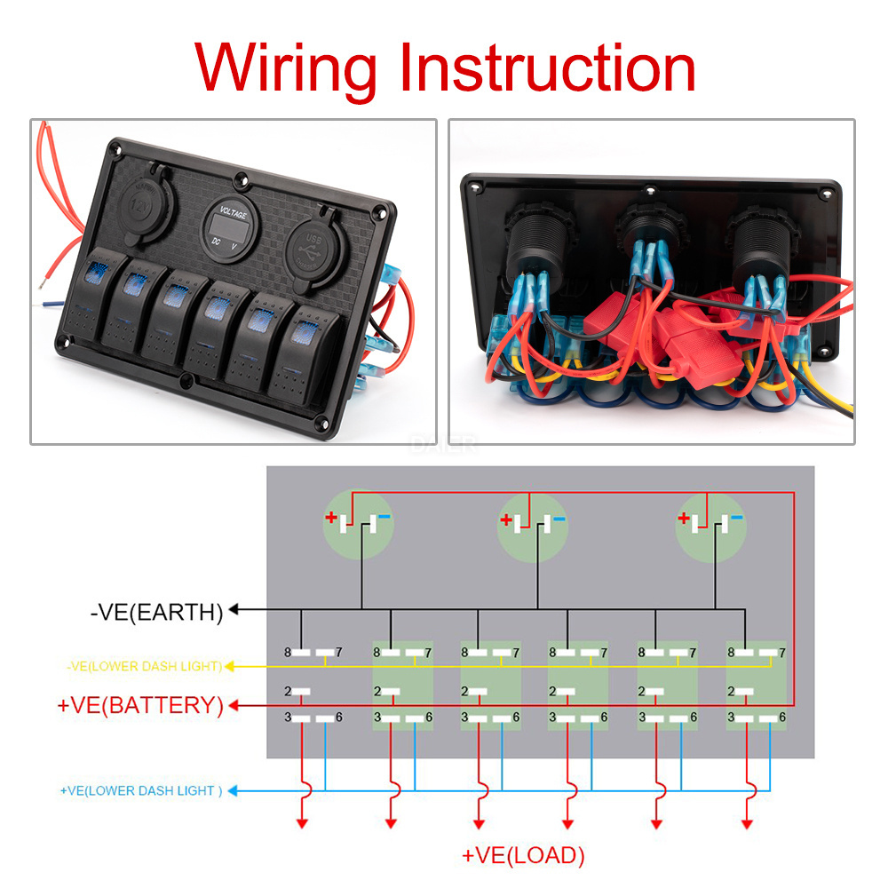 6 Gang Rocker Switch Panel Car Marine Rocker Switches 12V Switch Panels With 3.1A Dual USB Voltmeter Cigarette Lighter