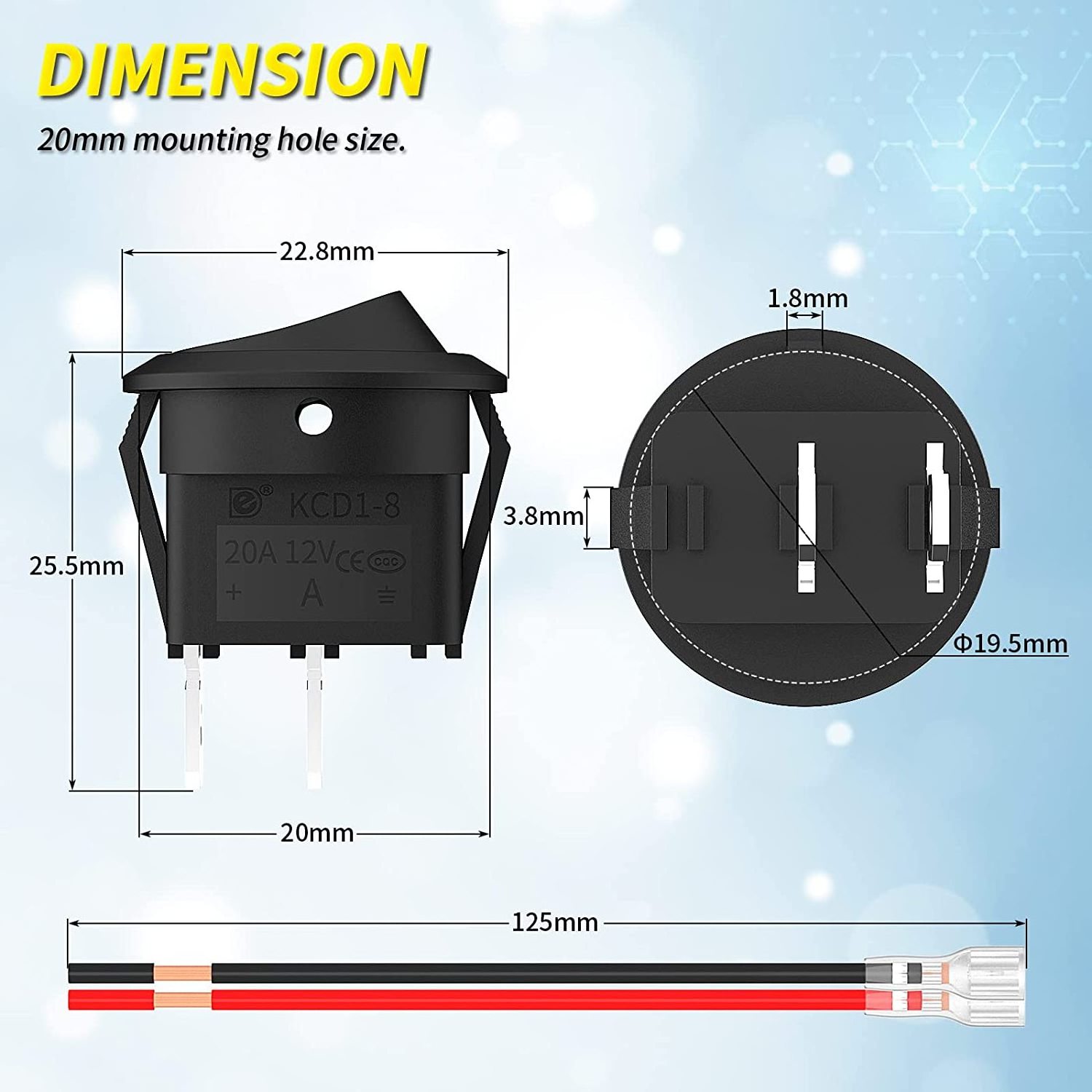 Round Rocker Switch 12V ON Off Switch 12 Volt DC Circle Toggle Switch 2 Pin SPST 6A/250V 10A/125V AC 20MM Mini Rocker Switch