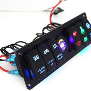 Rocker Switch Panel 6 Gang ON OFF Toggle Rocker Switch Panel Colorful LED Voltmeter 5V-36V for RV Car Marine Boat