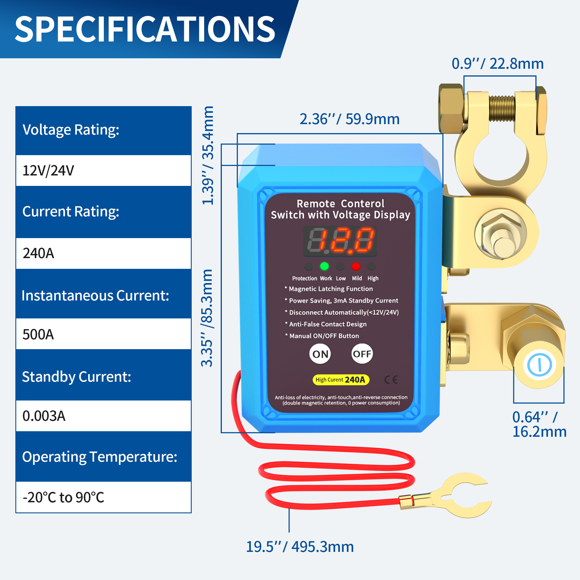 240A Remote Control Battery Disconnect Switch Voltage Display Isolator Auto Battery Disconnect Cut Switch for Car Truck Boat