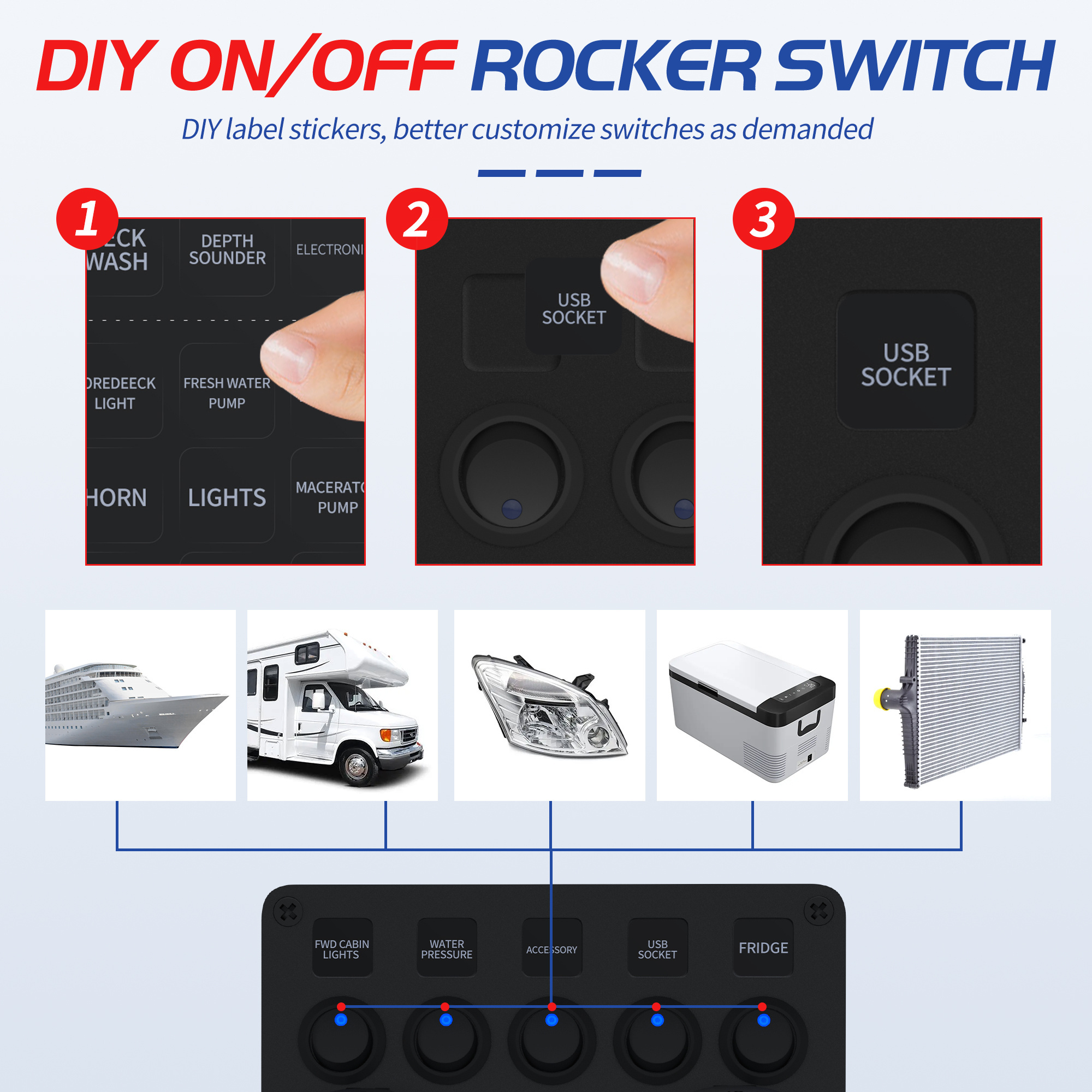 5 Gang Panel Switch Multi-Function Red LED Dual USB Charger Off Road Switch Panel 12V Car Rocker Switch Panel Outlet Pre-Wired