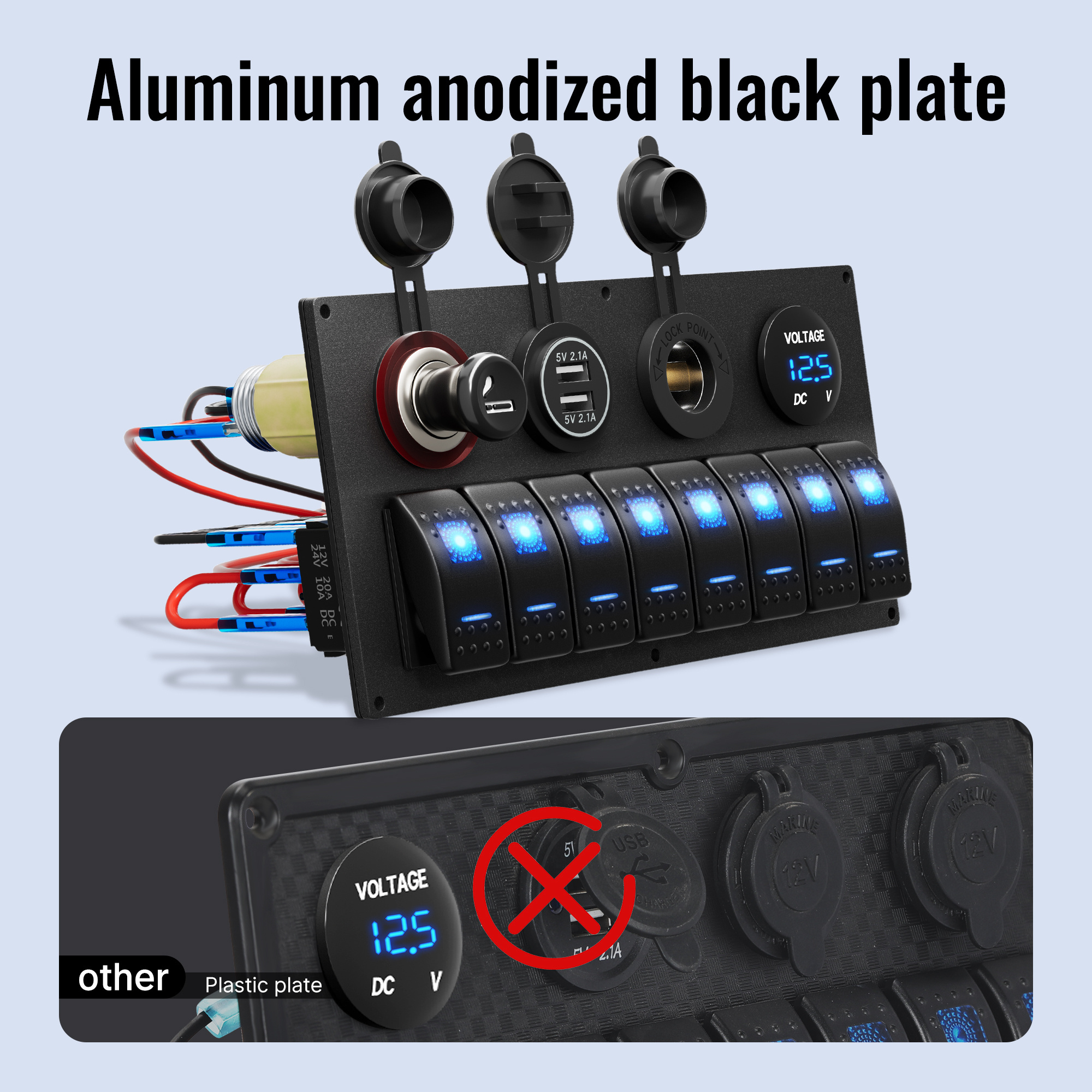 Aluminium Custom Boat Rocker Switch Panel 8 Gang Led Switch Panel With 2 Cigarette Lighter Sockets And 2-Port USB