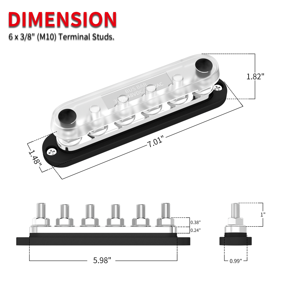 6 Way Battery 300A Bus Bar Terminal Block Heavy Duty 3/8 Studs Bus Bar Power Distribution Block with Cover for Car Yacht