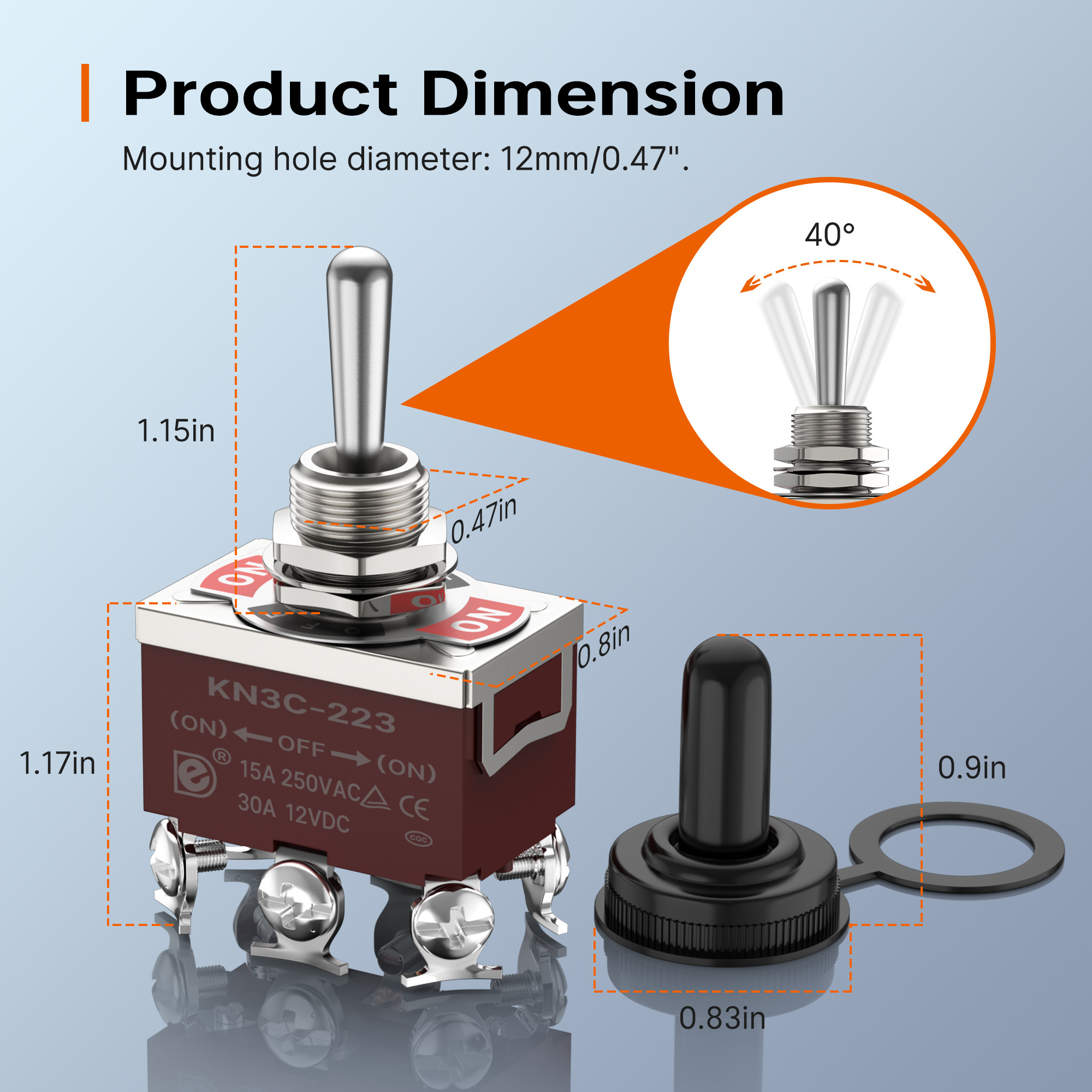 KN3C-223 15A 12MM 6 Pins Toggle Switches Medium (ON)-OFF-(ON) Reset DPDT Momentary Toggle Switch with Cover