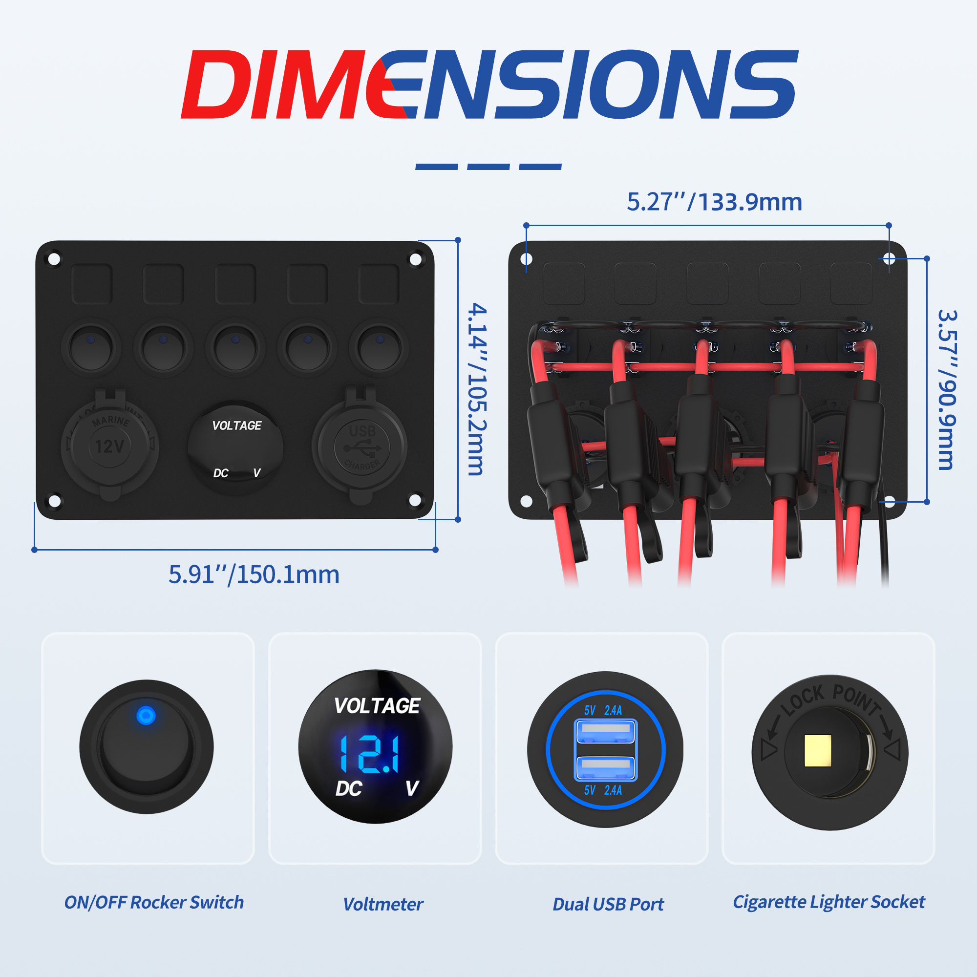 5 Gang Panel Switch Multi-Function Red LED Dual USB Charger Off Road Switch Panel 12V Car Rocker Switch Panel Outlet Pre-Wired