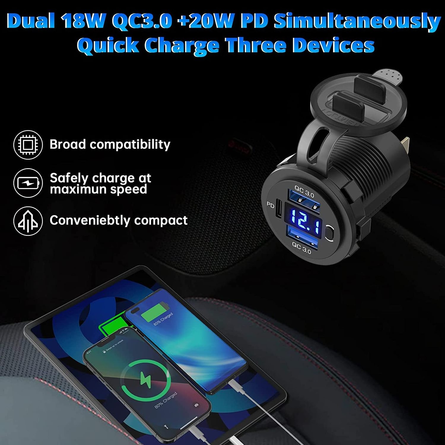 DS2013-P26 36W 12V PD USB C Dual USB Car Charger Socket PD Type C Fast Charger With LED Digital Voltmeter Compatible For Car