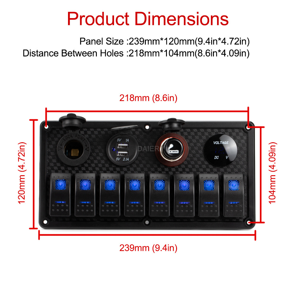 Boat Marine Rocker Switch Panel 8 Gang Waterproof ON Off Toggle Switches with Digital Voltage Display 3.1A Dual USB Power Charge