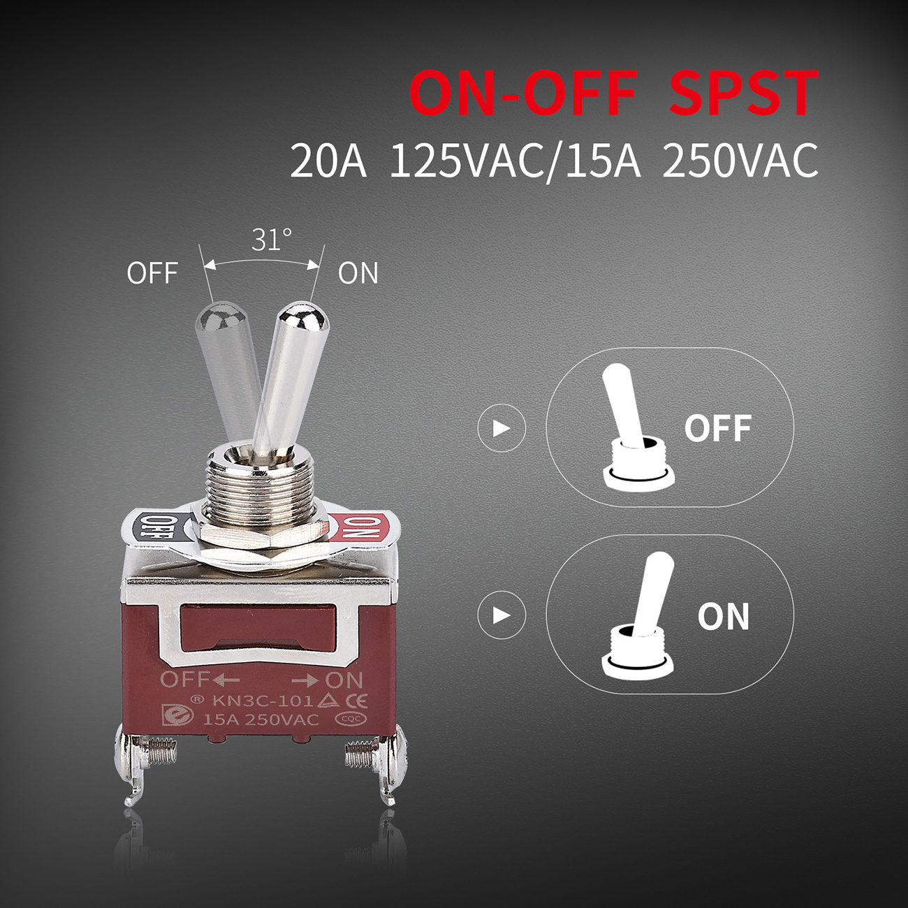 Daiertek KN3C-101 12VDC 30A SPST 15A 250V 12MM 2 Positions ON-OFF Latching Toggle Switch With Weatherproof Boot Cover