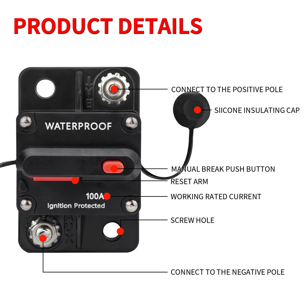 DaierTek Waterproof 12V-24V DC Circuit Breaker Switch 30A-300A Inline Audio Protective Switch for Car RV Boat