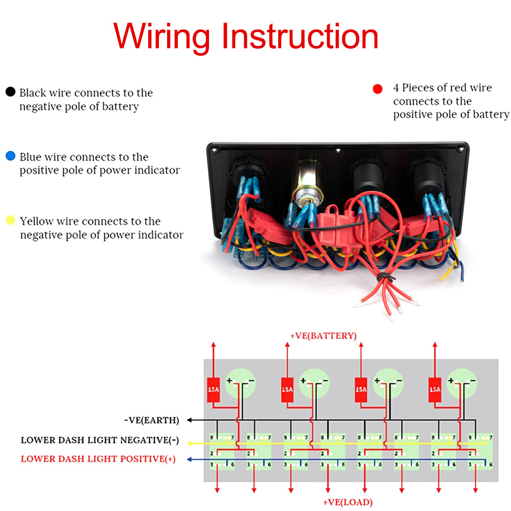 Boat Marine Rocker Switch Panel 8 Gang Waterproof ON Off Toggle Switches with Digital Voltage Display 3.1A Dual USB Power Charge