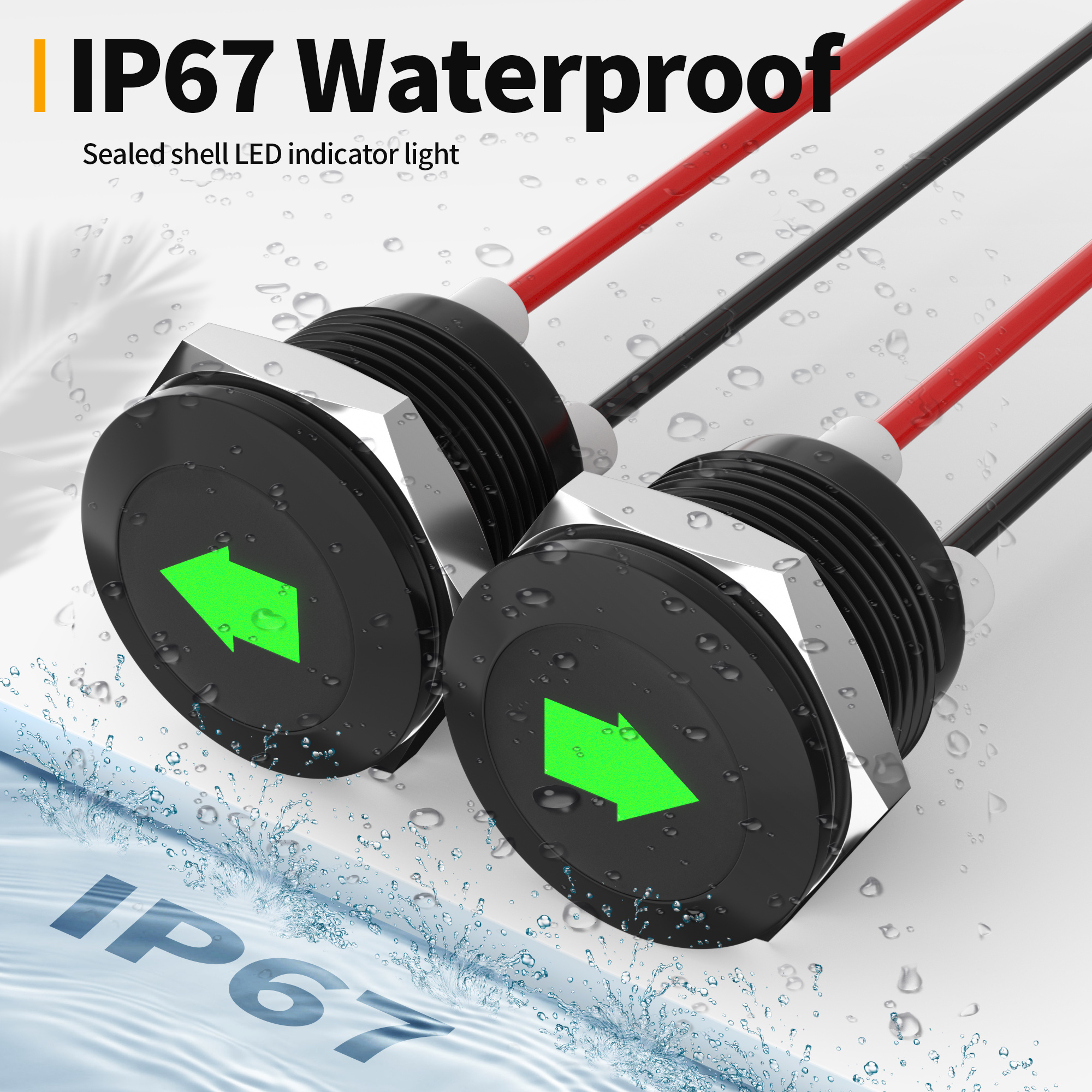 IP67 Waterproof 12 Volt LED Indicator Lights Green LED 12MM LED Indicator Metal With Single Arrow Symbol Lasered