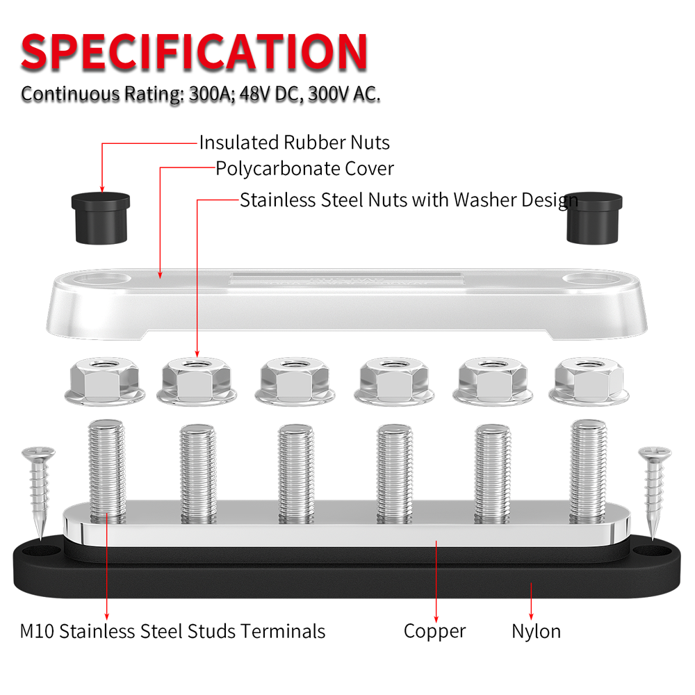 6 Way Battery 300A Bus Bar Terminal Block Heavy Duty 3/8 Studs Bus Bar Power Distribution Block with Cover for Car Yacht