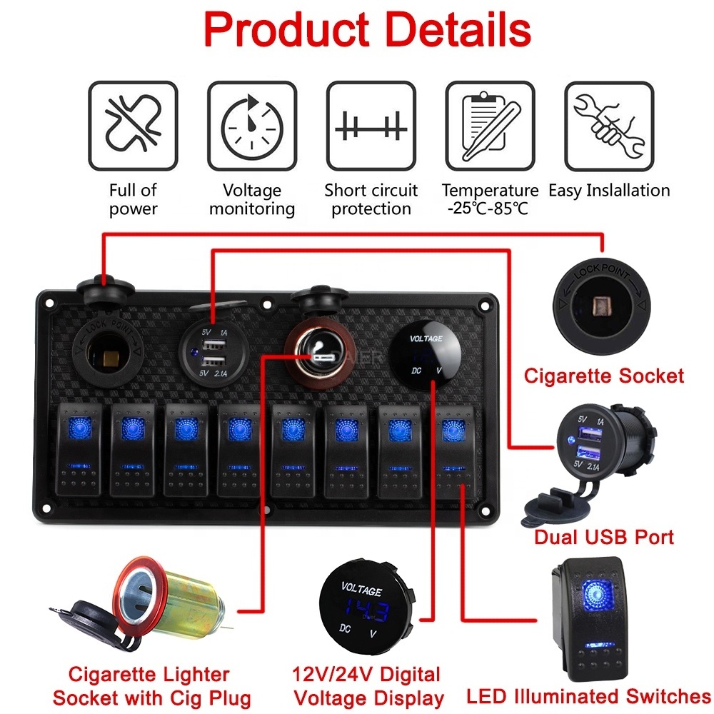 Daiertek 12V Touch Switch Panel 8 Gang Custom Car Switch Panel Marine Switch Panel 12V with Voltmeter USB Ciga Power Socket