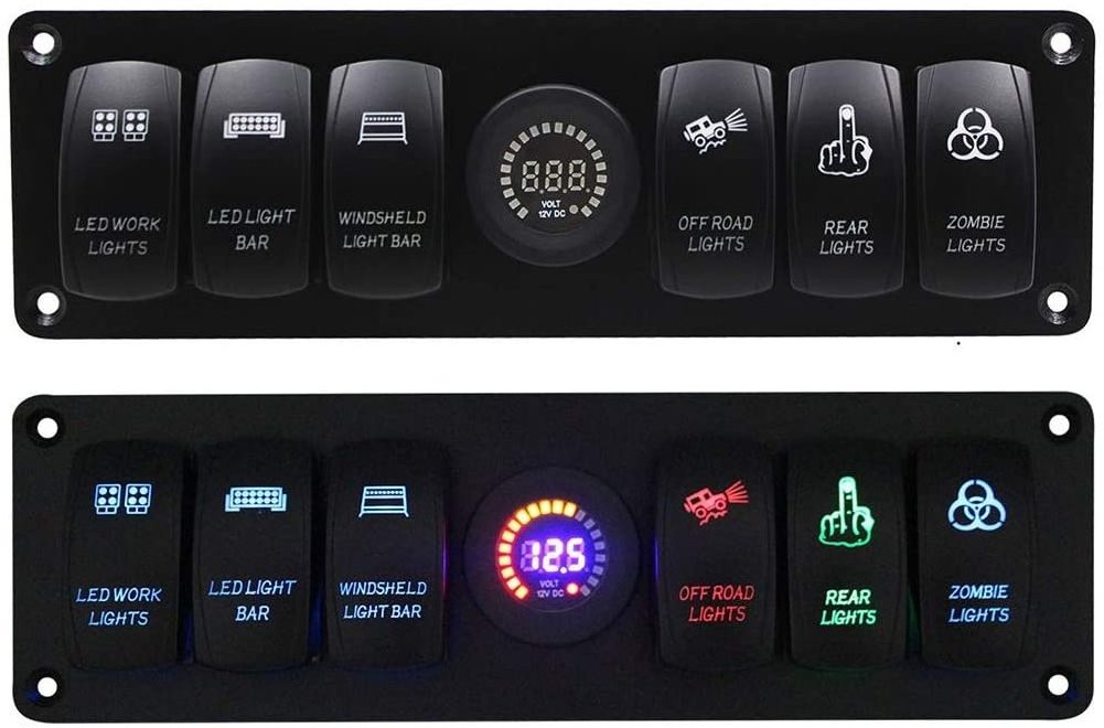 Rocker Switch Panel 6 Gang ON OFF Toggle Rocker Switch Panel Colorful LED Voltmeter 5V-36V for RV Car Marine Boat