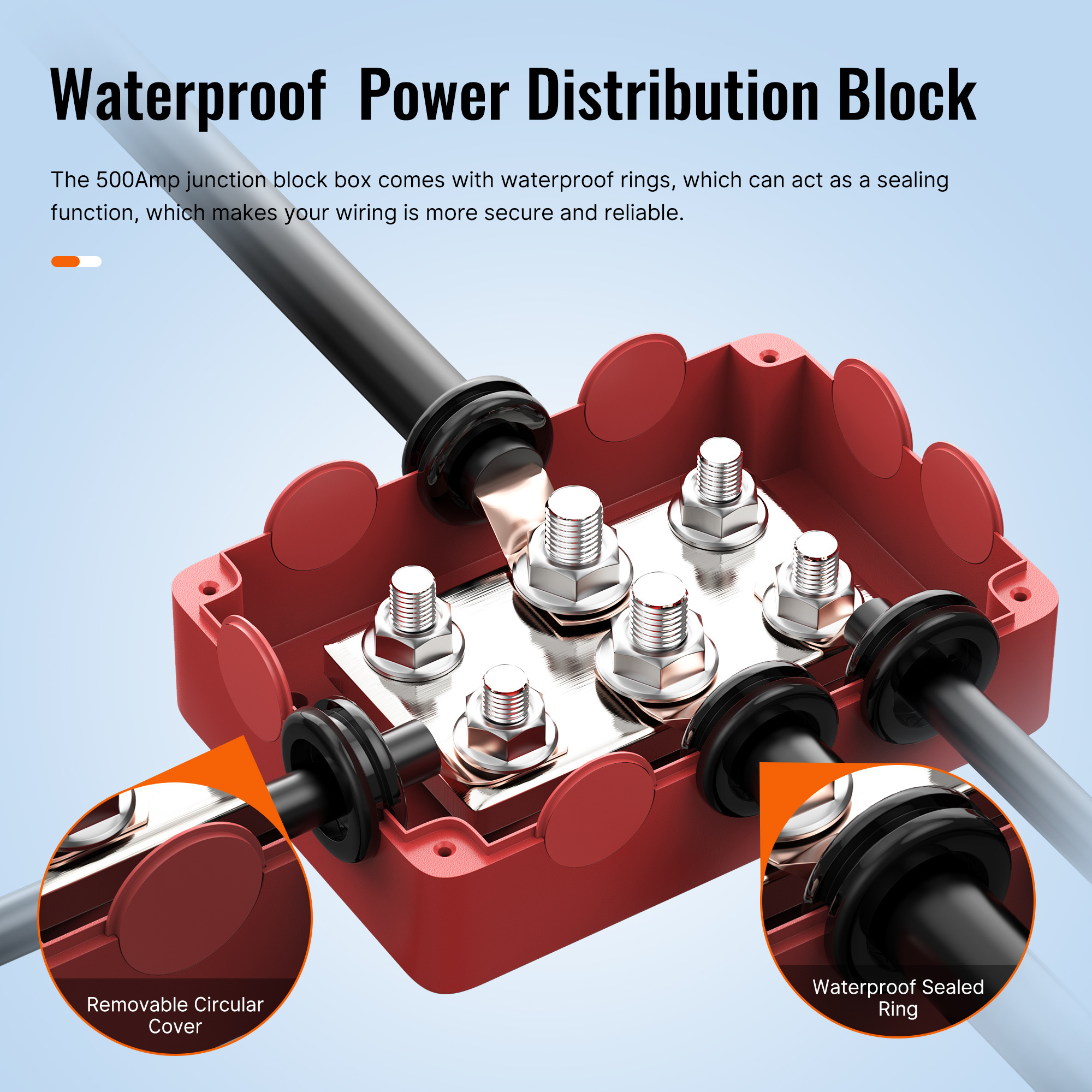 6 Studs 48V 500A Marine Bus Bar High Current Power Distribution Terminal Block with Plastic Cover Box and Rubber Gaskets