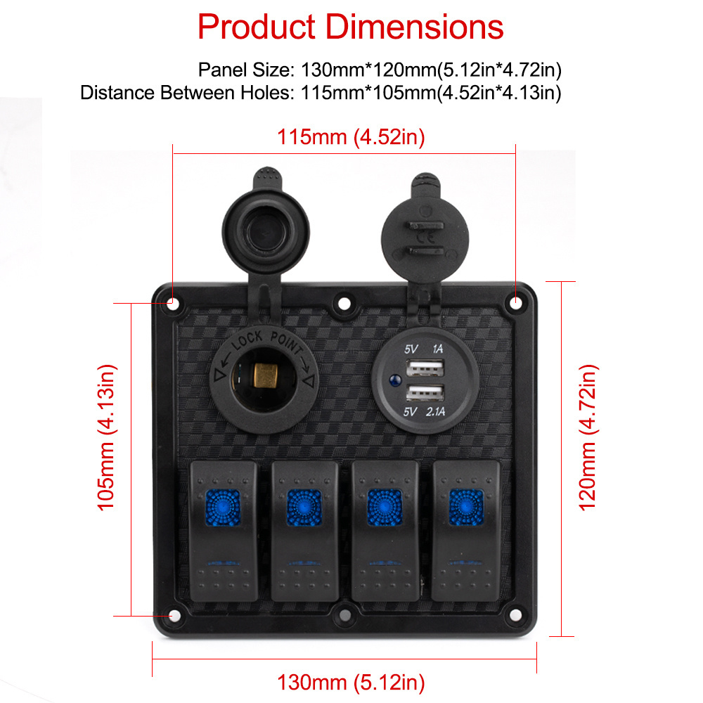 Waterproof 12V Auto Parts Marine Rocker Switch Dual USB 3.1A Outlet LED Voltmeter 4 Gang Rocker Switch Plastic Panel for Boat