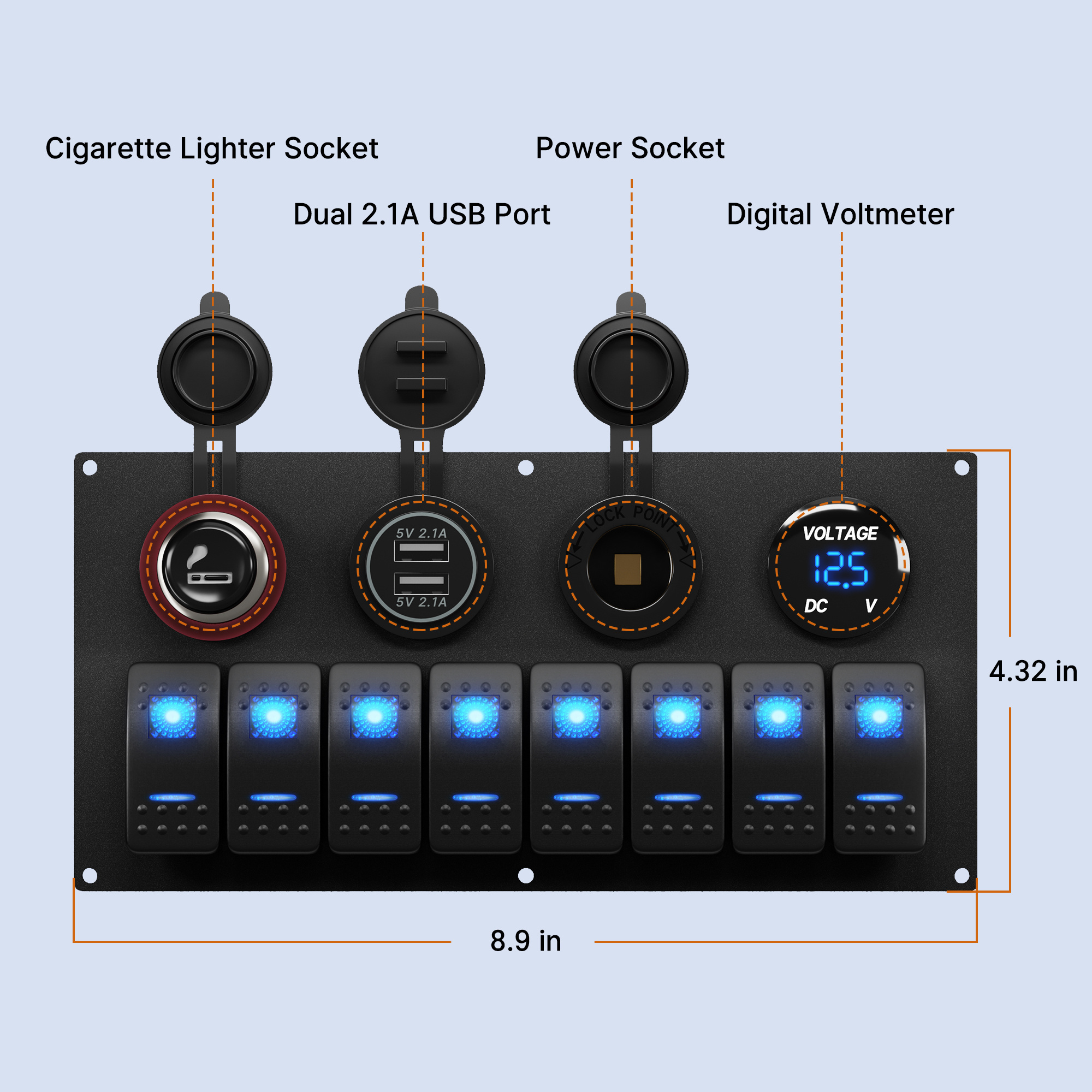 Aluminium Custom Boat Rocker Switch Panel 8 Gang Led Switch Panel With 2 Cigarette Lighter Sockets And 2-Port USB