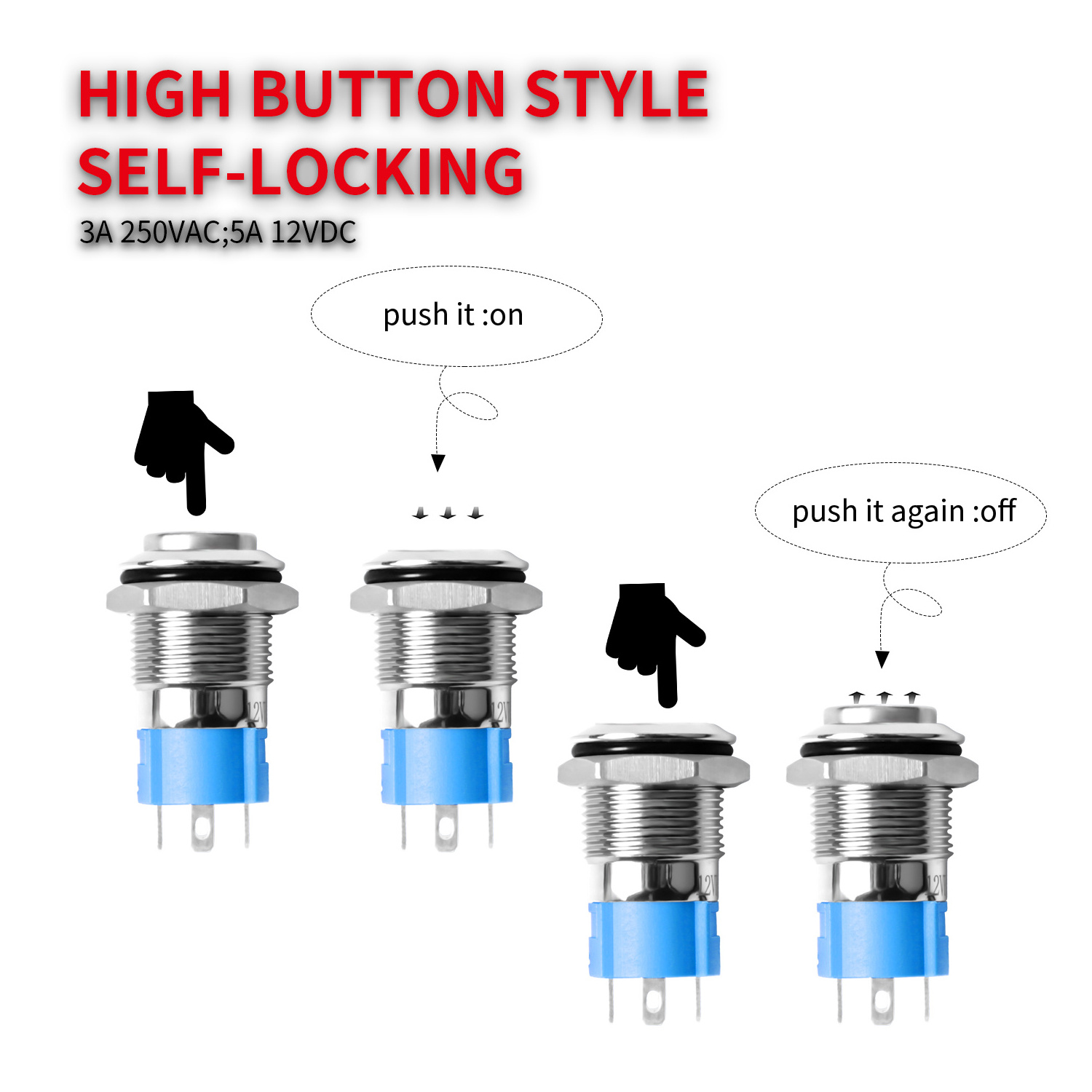 DaierTek Push Button Switch 12mm Latching 12V LED Waterproof ON OFF Power Logo Metal Push Button Switch for Automotive Boat