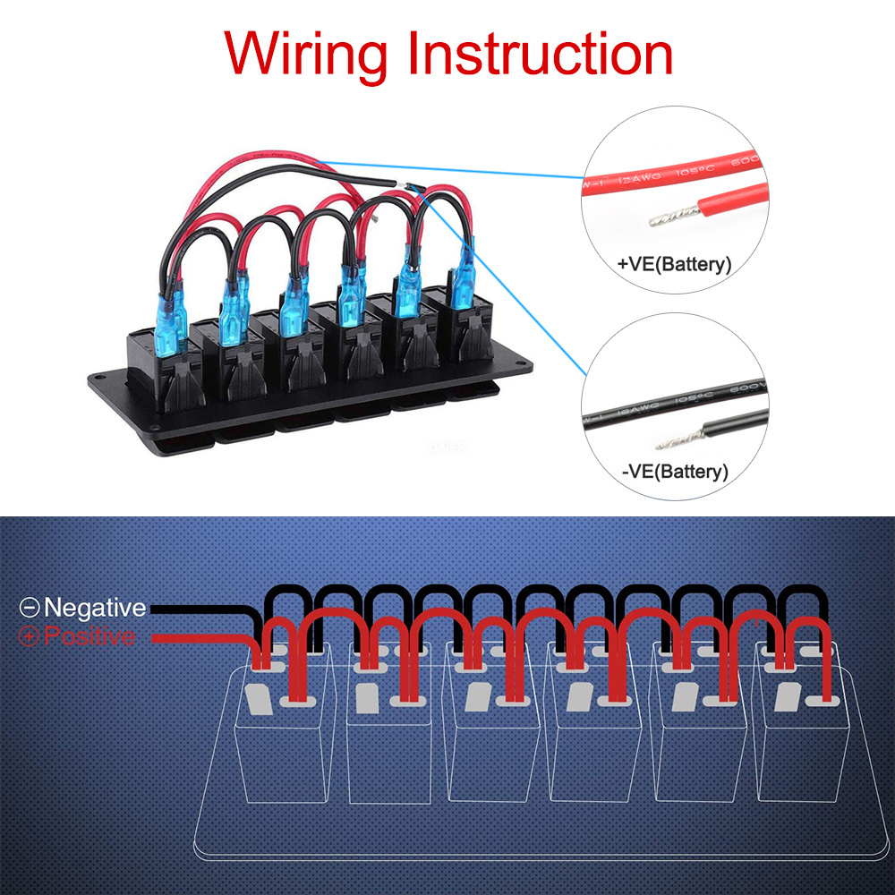 DaierTek 12V Switch Panel Marine On Off Led Marine Rocker Switch Panel 6 Gang Waterproof Aluminum Switch Panel Boat for Car Boat