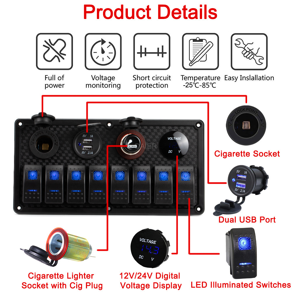 Boat Marine Rocker Switch Panel 8 Gang Waterproof ON Off Toggle Switches with Digital Voltage Display 3.1A Dual USB Power Charge