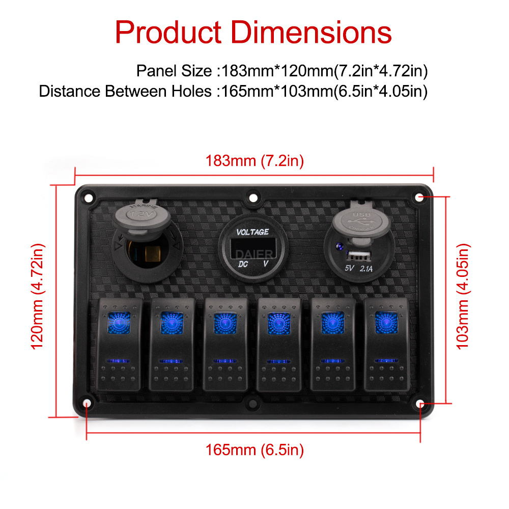 6 Gang Rocker Switch Panel Car Marine Rocker Switches 12V Switch Panels With 3.1A Dual USB Voltmeter Cigarette Lighter