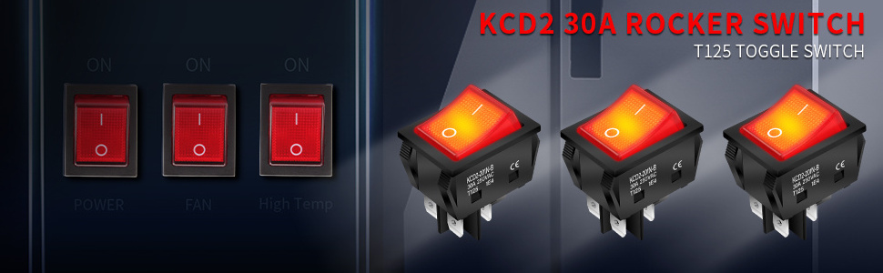 DaierTek ON Off Heavy Duty T125 30A 250V KCD2 KCD4 Rocker Switch DPST 4 Pin Red/Green Lighted Rocker Switch