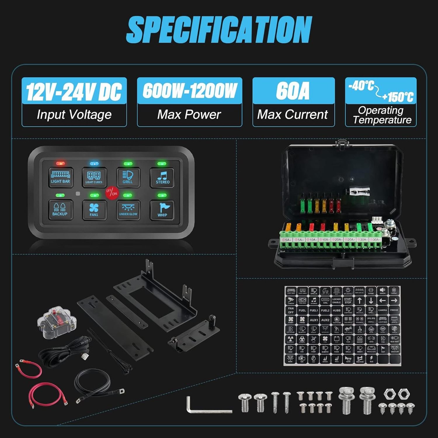 8 Gang Switch Panel Electronic Relay System with Circuit Control Box Waterproof Fuse Relay Box Wiring Harness Label Stickers