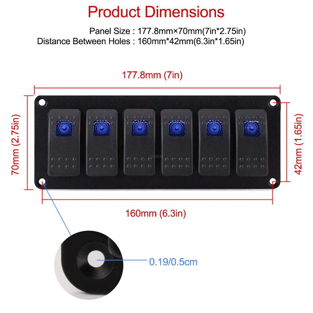 DaierTek 12V Switch Panel Marine On Off Led Marine Rocker Switch Panel 6 Gang Waterproof Aluminum Switch Panel Boat for Car Boat