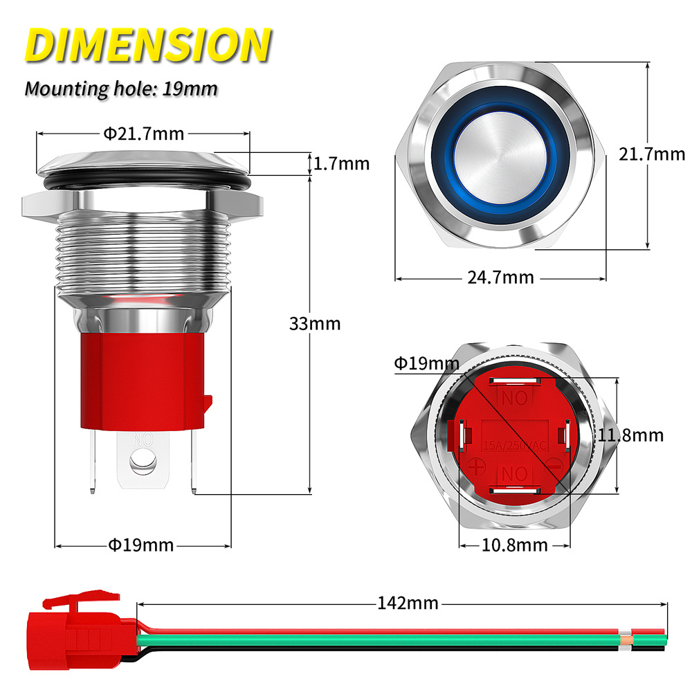 DaierTek 19mm Waterproof Metal LED Push Button Switch 4Pin Momentary OFF-(ON) for Light LED Push Button Switch for Car Marine