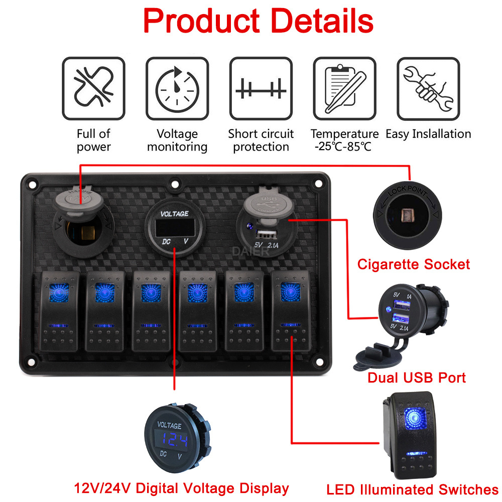 6 Gang Rocker Switch Panel Car Marine Rocker Switches 12V Switch Panels With 3.1A Dual USB Voltmeter Cigarette Lighter